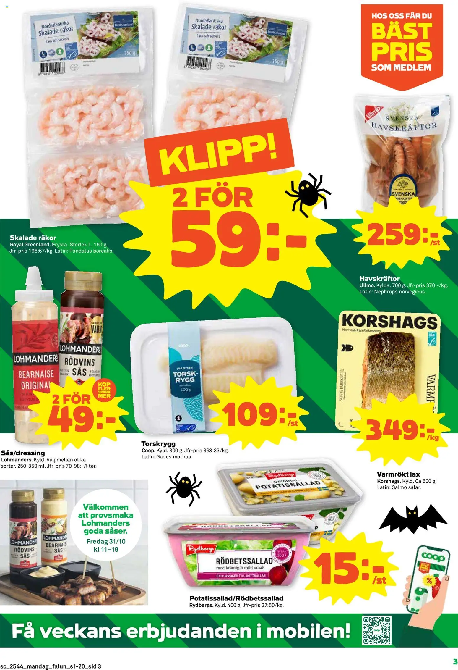 Stora Coop reklamblad aktuell från 27.10.2025 | Sida: 3 | Produkter: Potatissallad, Rödbetssallad, Räkor, Lax