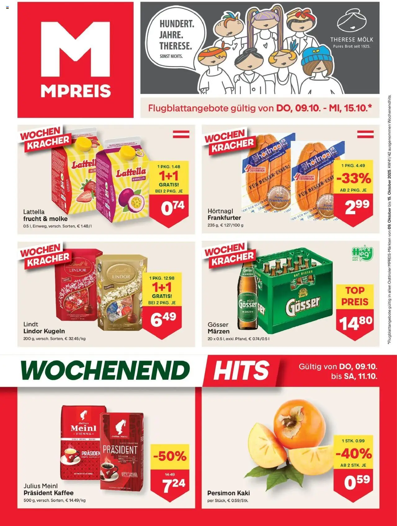 MPREIS Sillian gültig ab 09.10.2025 | Seite: 1 | Produkte: Kaki, Milch, Brot, Kaffee