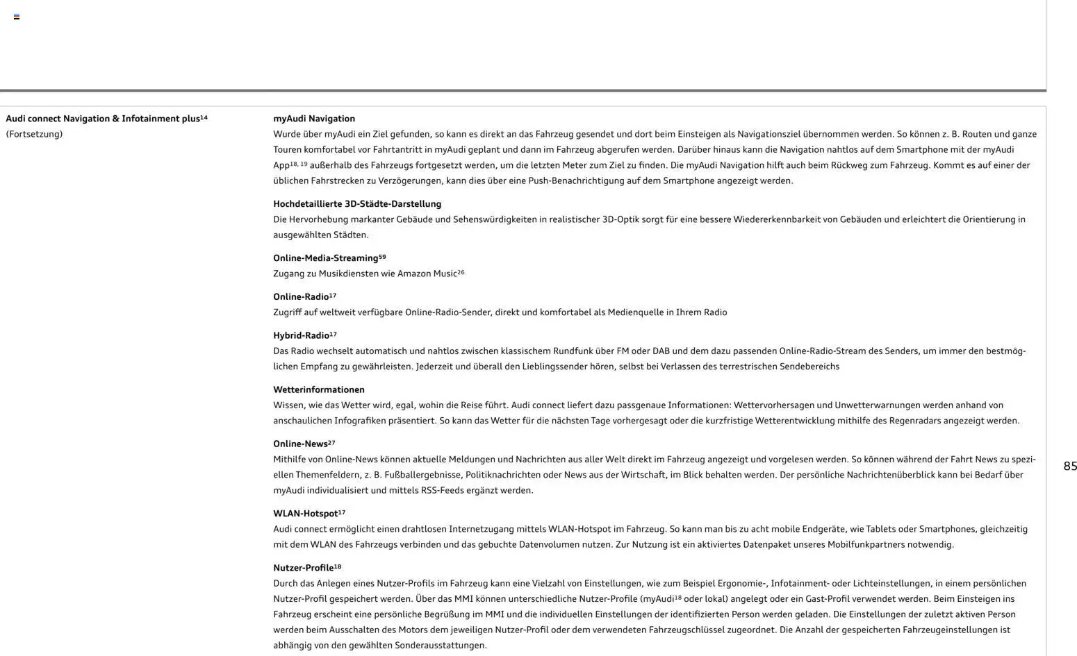 Audi RS 3 Sportback / RS 3 Limousine – gültig ab 25.10.2025 | Seite: 85 | Produkte: Navigation, Smartphone, Radio