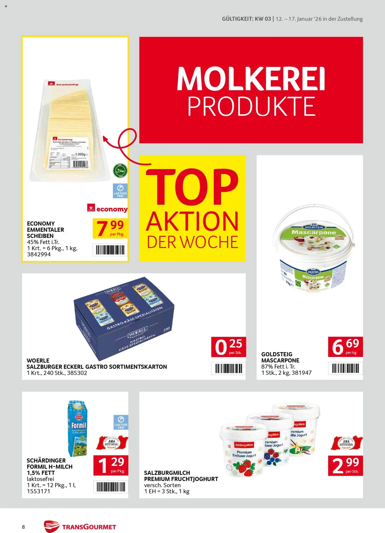 Transgourmet Zustellaktion gültig ab 12.01.2026 | Seite: 8 | Produkte: Milch, Käse