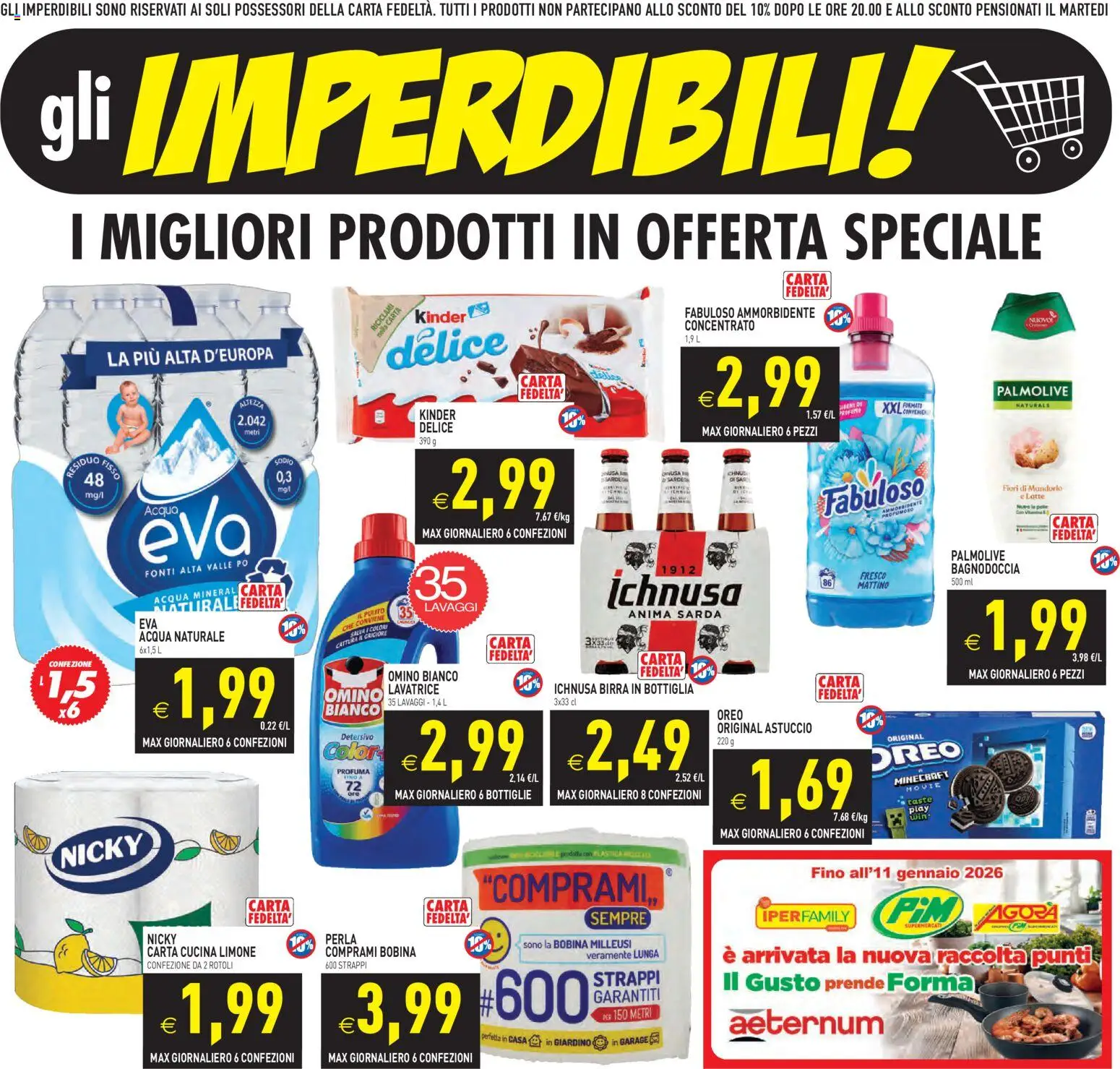 Volantino PIM Supermercati del 27.11.2025 | Pagina: 3 | Prodotti: Birra, Ammorbidente, Acqua, Acqua naturale
