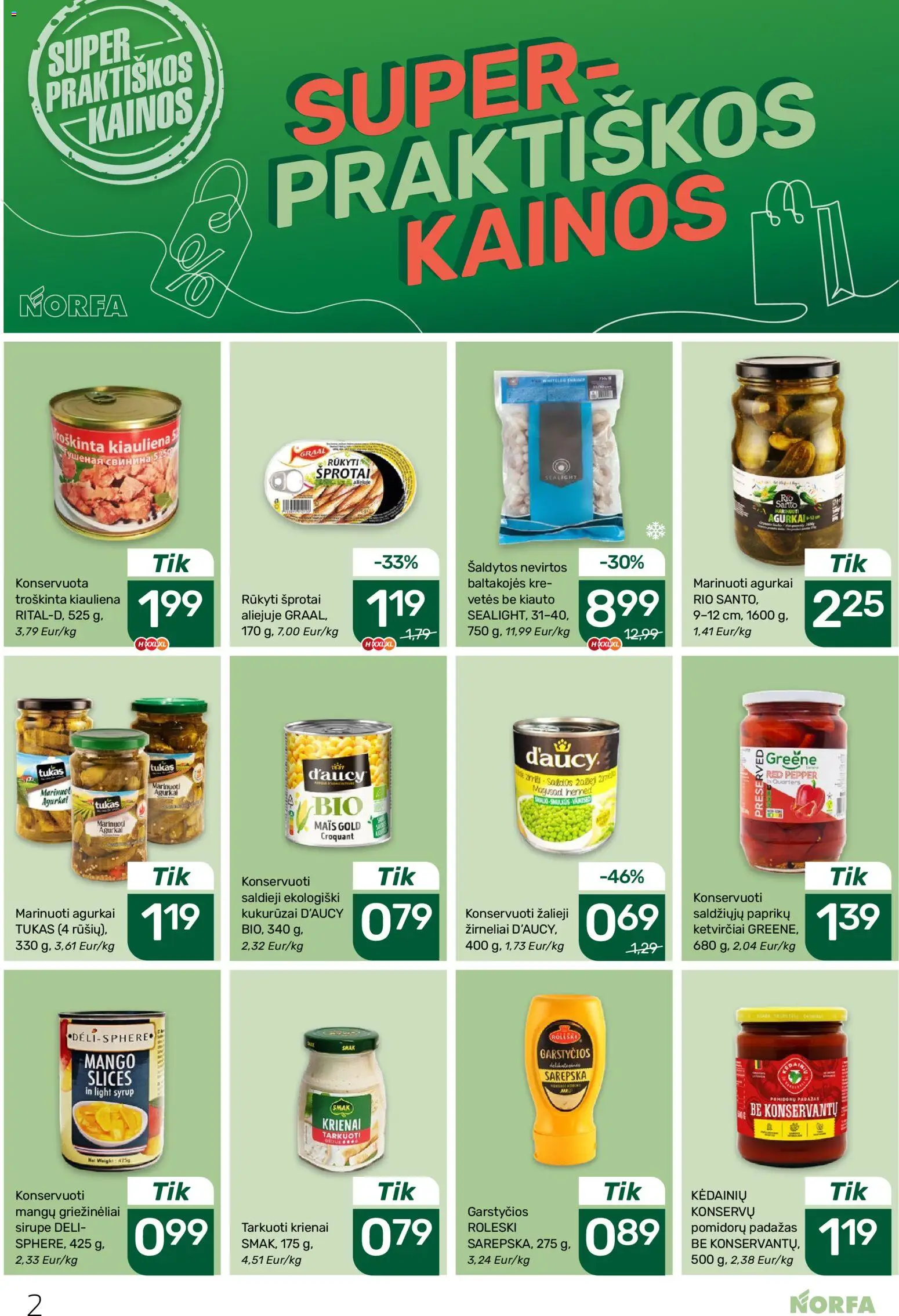 NORFA akcijos nuo 19.03.2026 | Puslapis: 2 | Prekių: Kukurūzai, Kiauliena, Padažas, Žirneliai