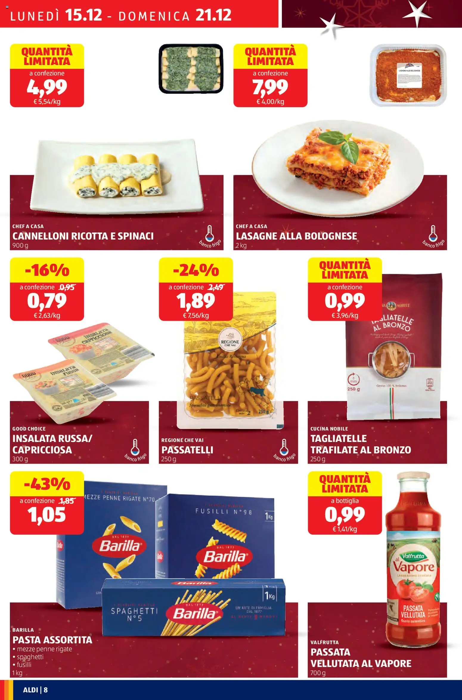 Volantino Aldi del 15.12.2025 | Pagina: 8 | Prodotti: Pasta, Fusilli, Ricotta, Penne