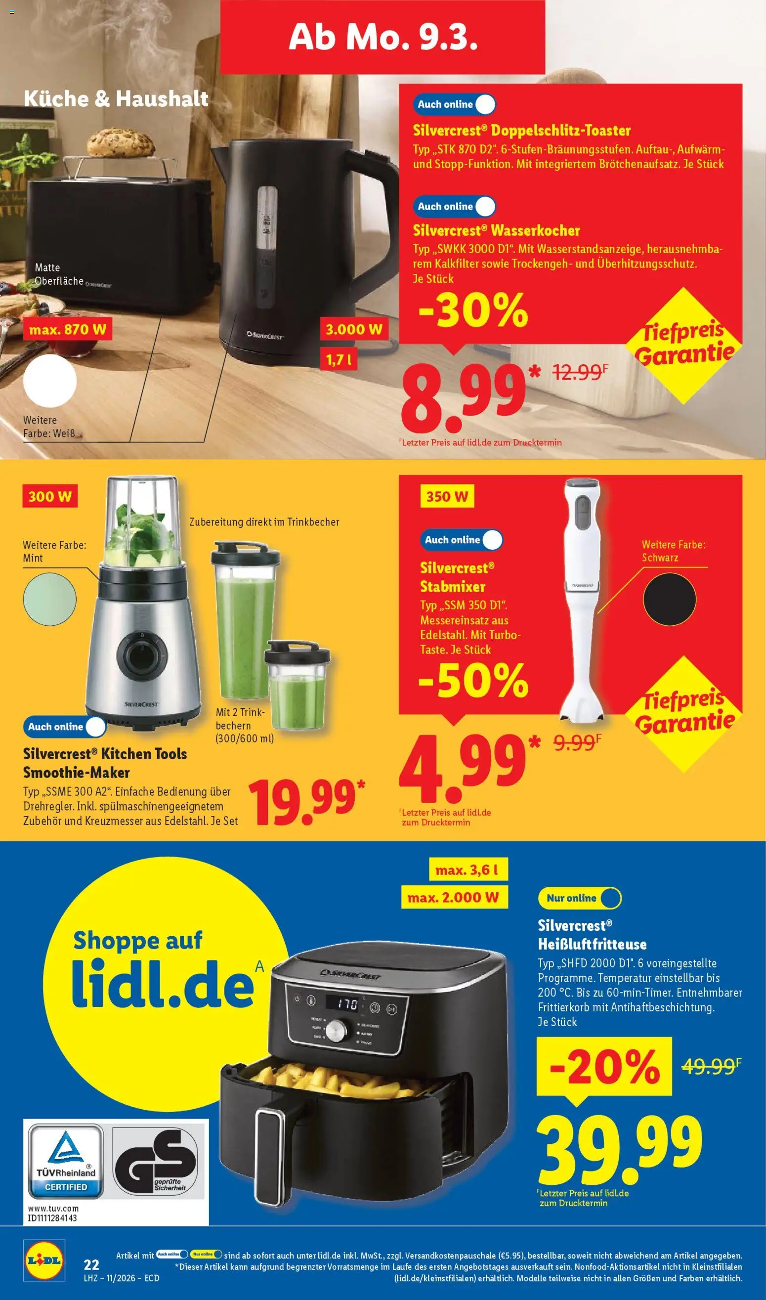 Lidl Prospekt – gültig ab 09.03.2026 | Seite: 40 | Produkte: Wasserkocher, Küche, Stabmixer, Heißluftfritteuse