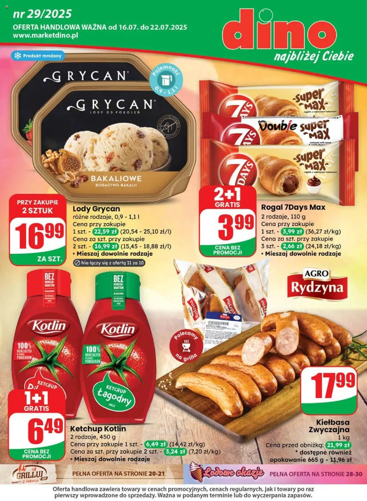 Dino Gazetka od 16.07.2025 | Strona: 1 | Produkty: Kiełbasa, Ketchup, Lody Grycan, Lody