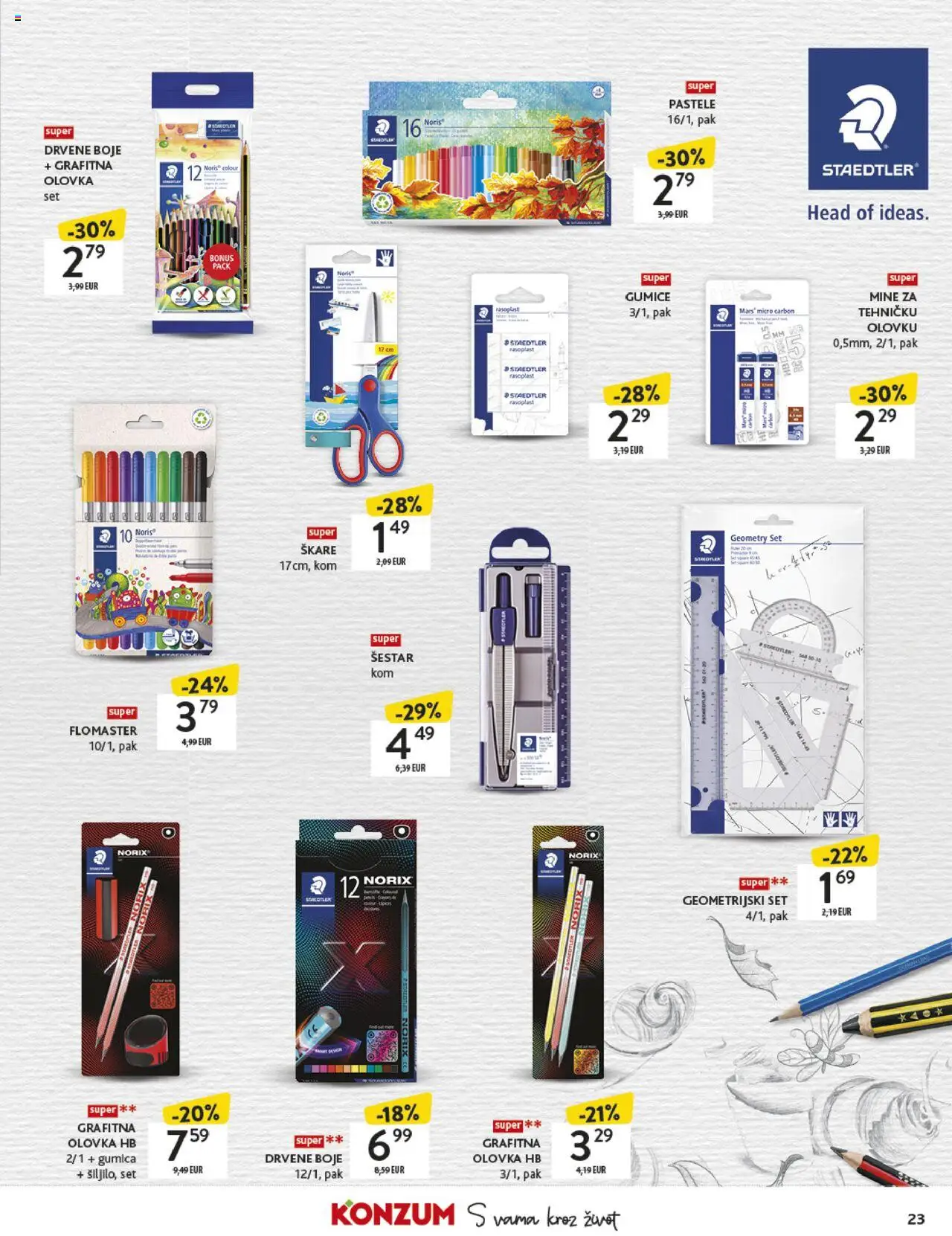 Konzum katalog | vrijedi od 18.08.2025 | Stranica: 23 | Proizvodi: Šestar, Škare, Gumice, Mine za tehničku