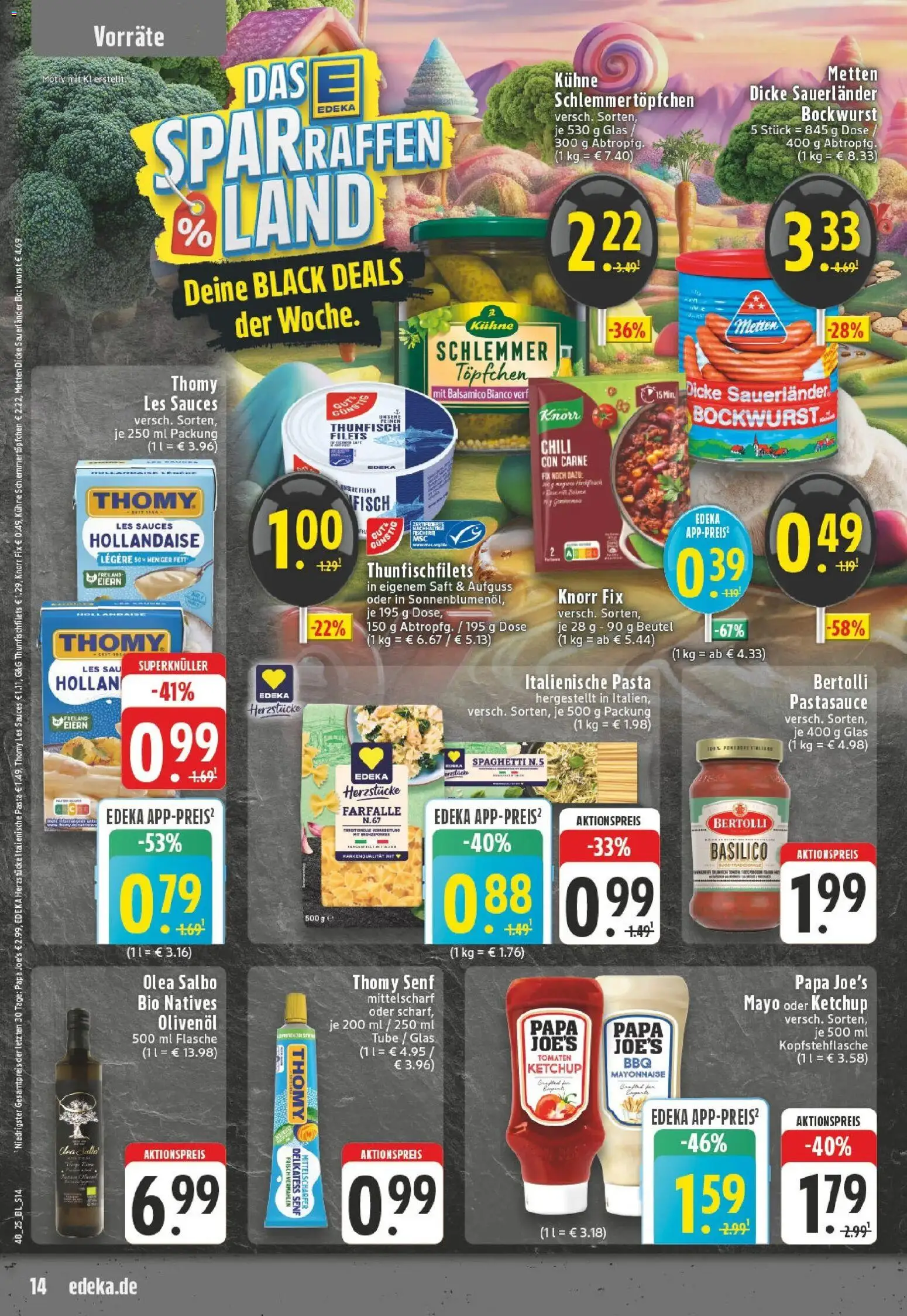 Edeka prospekt Hennef - Uckerath	 – gültig ab 23.11.2025 | Seite: 14 | Produkte: Bockwurst, Thomy les sauces, Olivenol, Chili