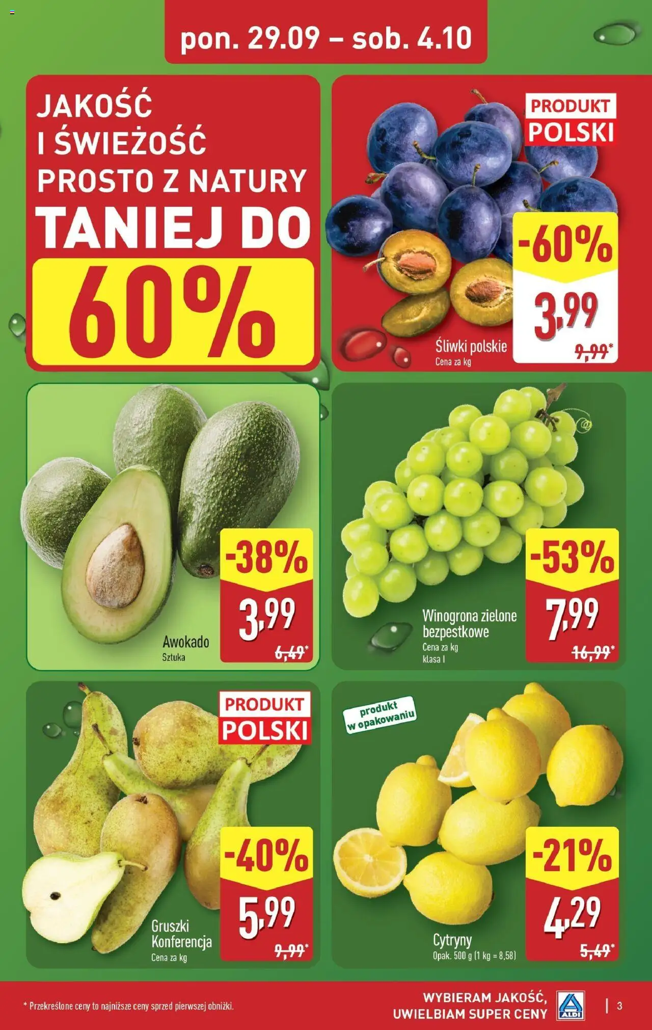 Aldi Gazetka od 29.09.2025 | Strona: 3 | Produkty: Winogrona, Cytryny, Śliwki, Awokado