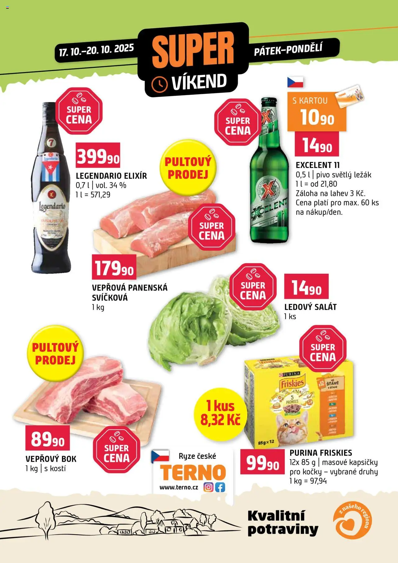 Terno leták - Super víkend od 17.10.2025 | Strana: 1 | Produkty: Purina, Excelent 11, Potraviny, Láhev