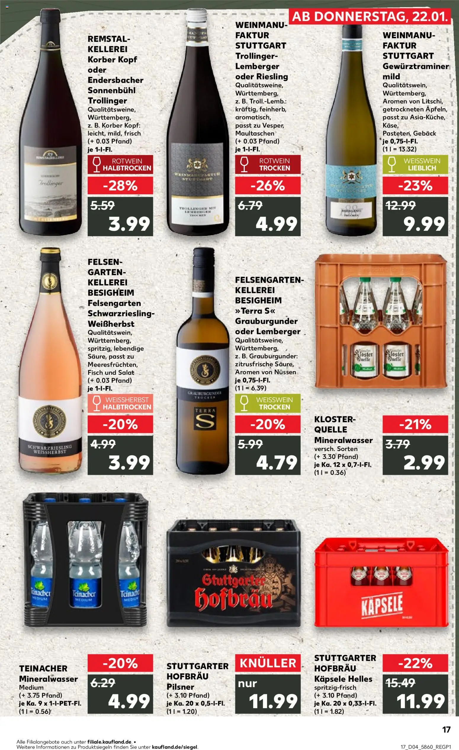 Kaufland prospekt Stuttgart	 – gültig ab 22.01.2026 | Seite: 17 | Produkte: Rotwein trocken, Mineralwasser, Fisch, Salat