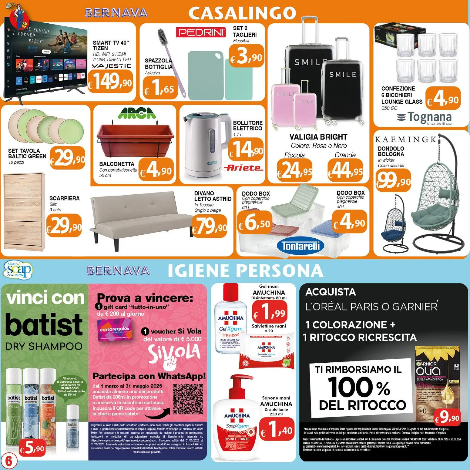 Volantino Bernava del 10.04.2026 | Pagina: 6 | Prodotti: smart TV, Scarpiera, Divano, Bottiglia