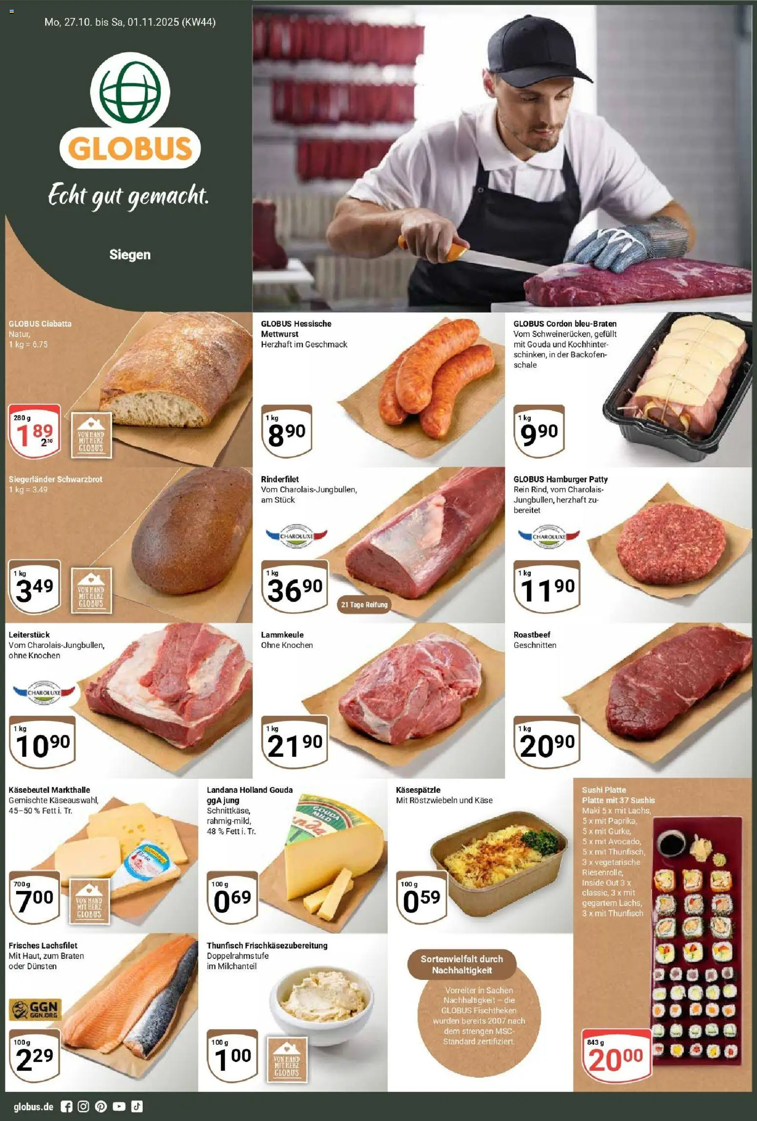 Globus prospekt Siegen	 – gültig ab 26.10.2025 | Seite: 1 | Produkte: Käse, Thunfisch, Rinderfilet, Roastbeef