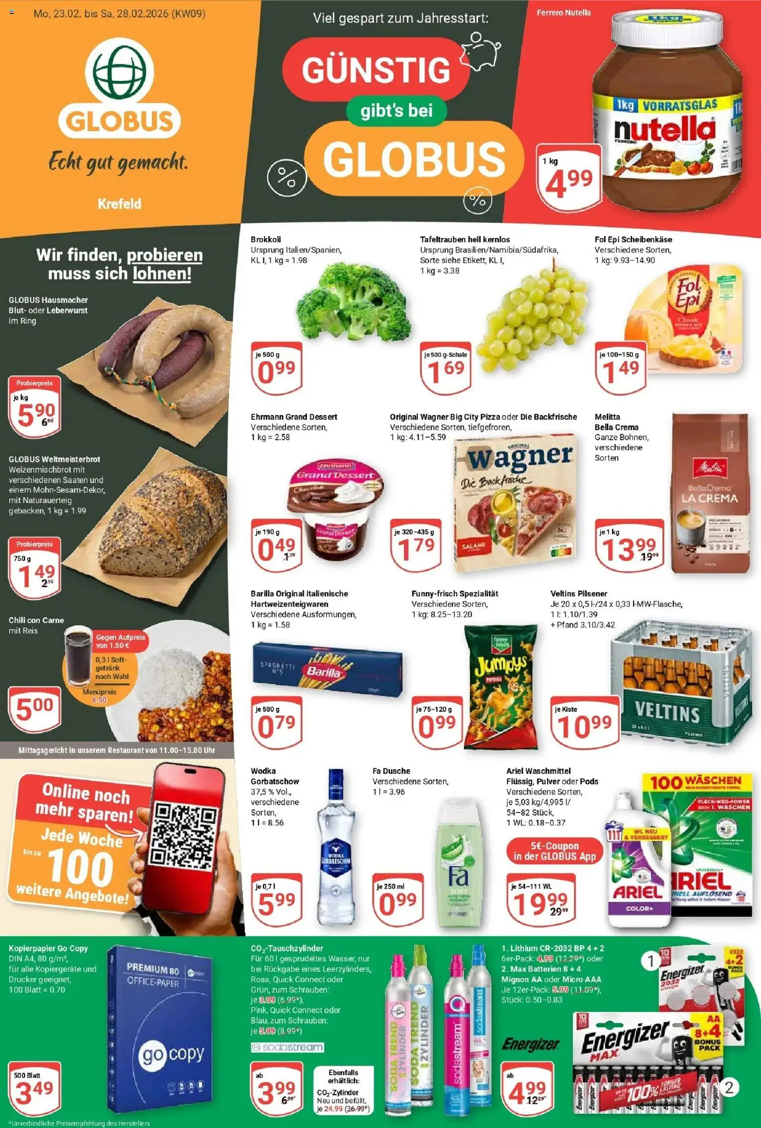 Globus Prospekt Krefeld – gültig ab 23.02.2026 | Seite: 1 | Produkte: Melitta, Ehrmann grand dessert, Nutella, Wodka