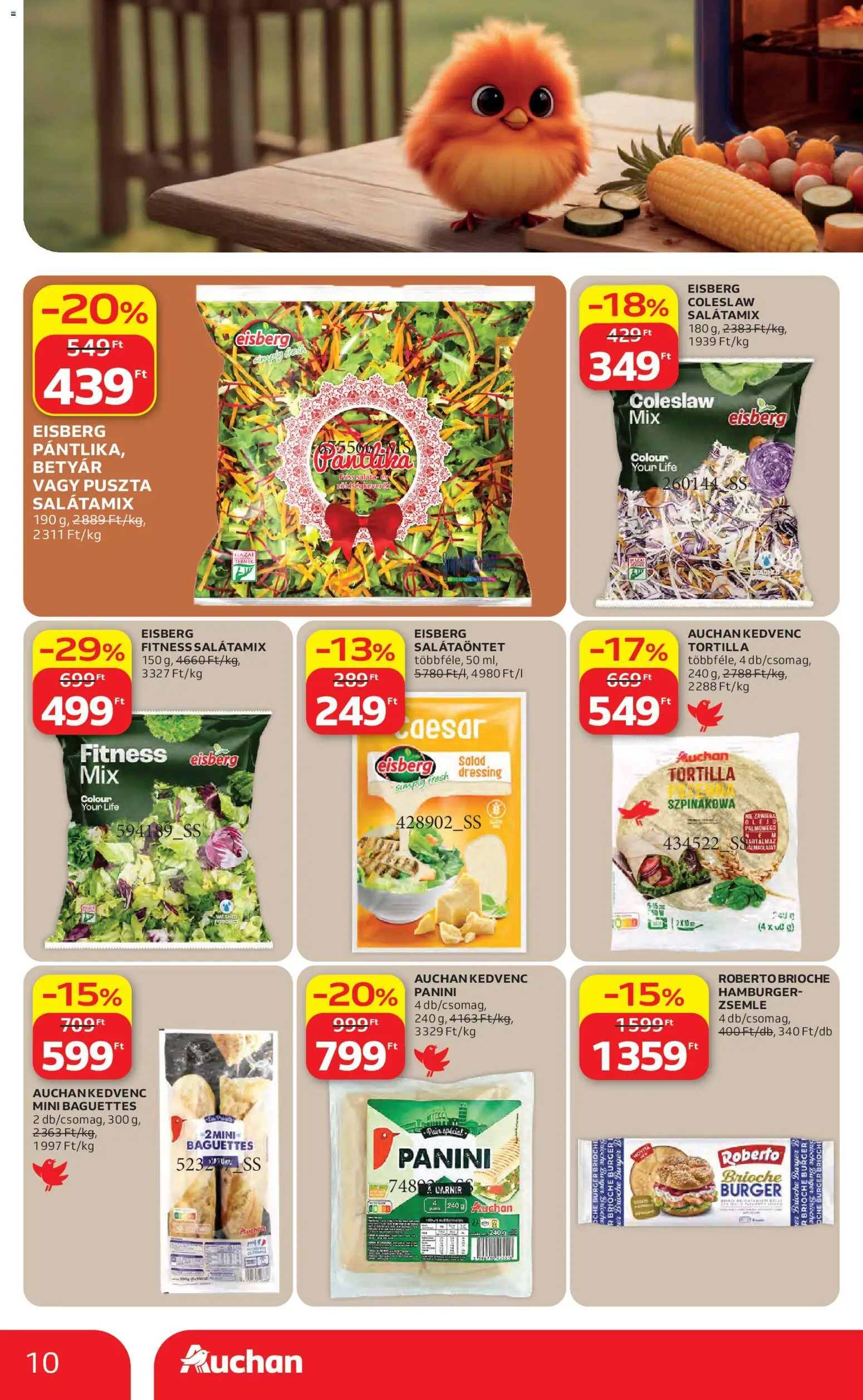 Auchan akciós ujság - amely érvényes a következő dátumtól: 30.04.2026 | Oldal: 10 | Termékek: Zöldségkeverék, Tortilla, Zsemle, Saláta
