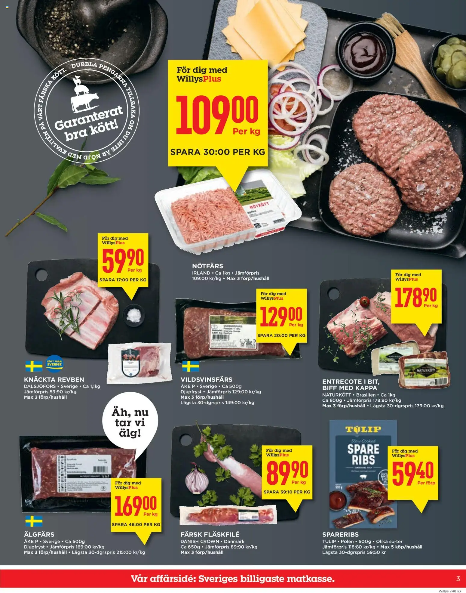 Willys reklamblad aktuell från 24.11.2025 | Sida: 3 | Produkter: Entrecote, Nötfärs, Kappa
