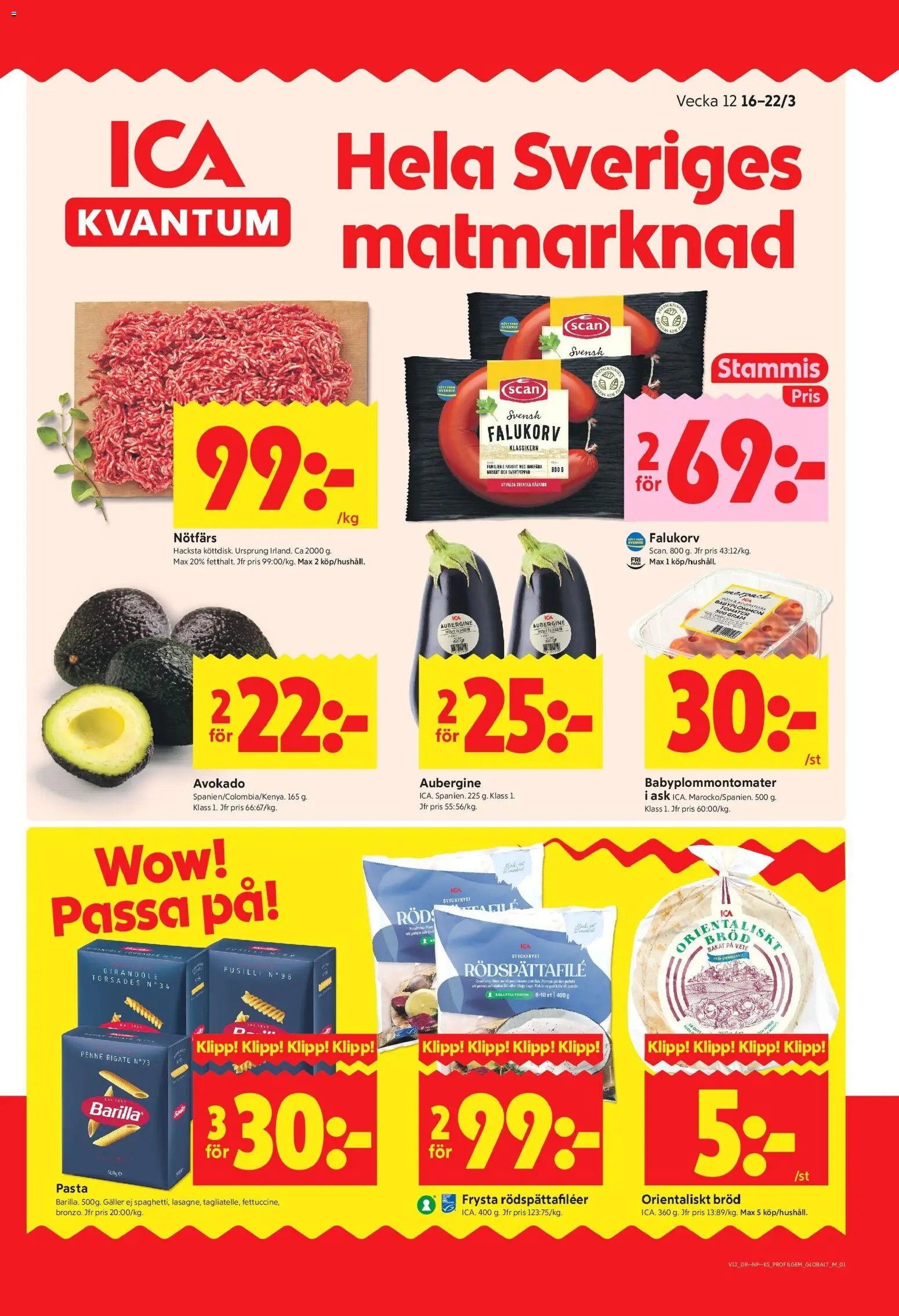 ICA Kvantum reklamblad aktuell från 16.03.2026 | Sida: 1 | Produkter: Nötfärs, Falukorv, Bröd, Aubergine