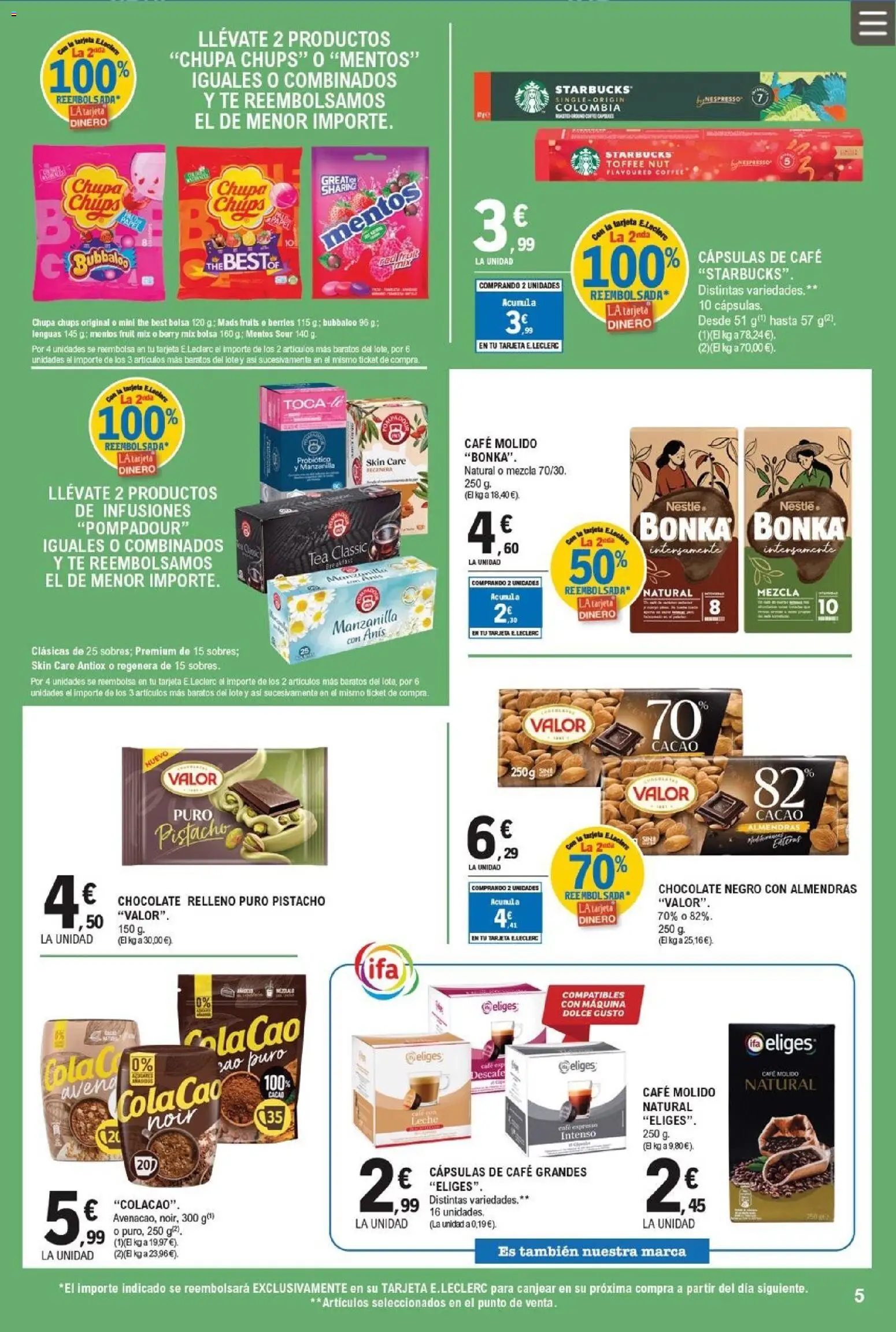 E.Leclerc folleto │ válido desde el 08.04.2026 | Página: 5 | Productos: Chocolate, Café molido, Té, Φρυγανιές σικάλεως