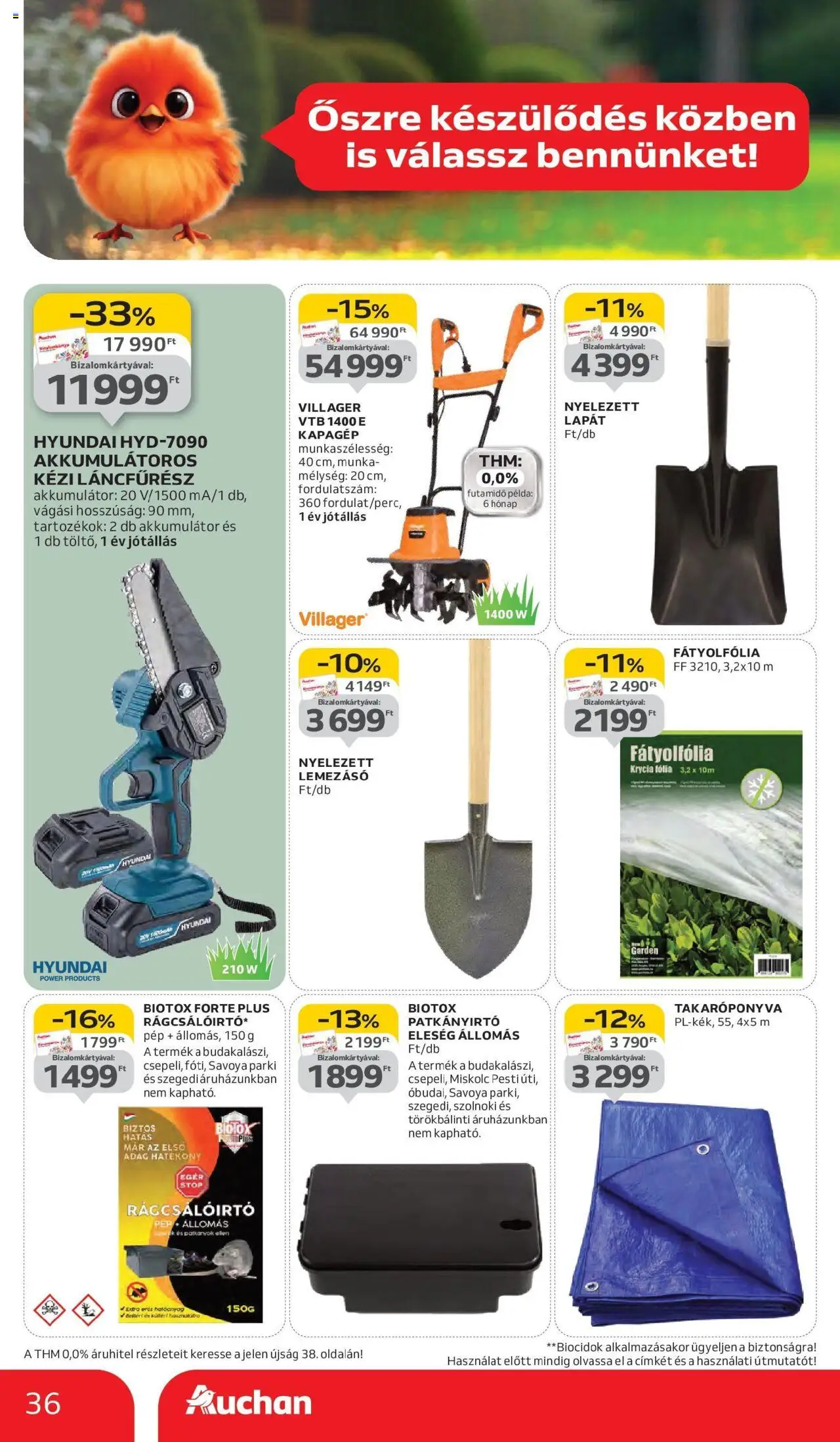 Auchan akciós ujság - amely érvényes a következő dátumtól: 11.09.2025 | Oldal: 36 | Termékek: Takaróponyva, Egér, Akkumulátor, Láncfűrész