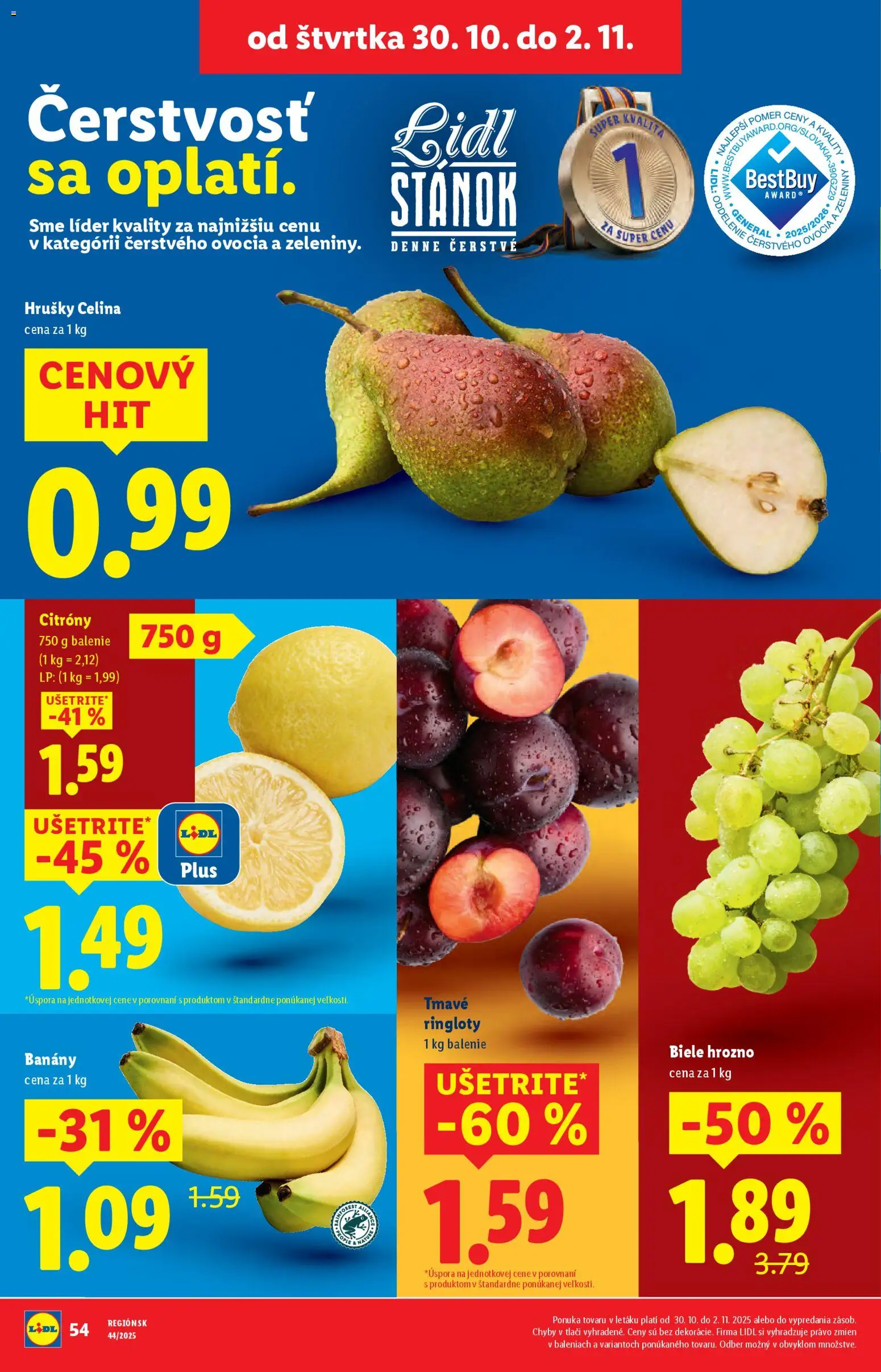 Nové Lidl akcie – leták je platný od 27.10.2025 | Strana: 62 | Produkty: Banány, Citróny, Hrušky, Hrozno