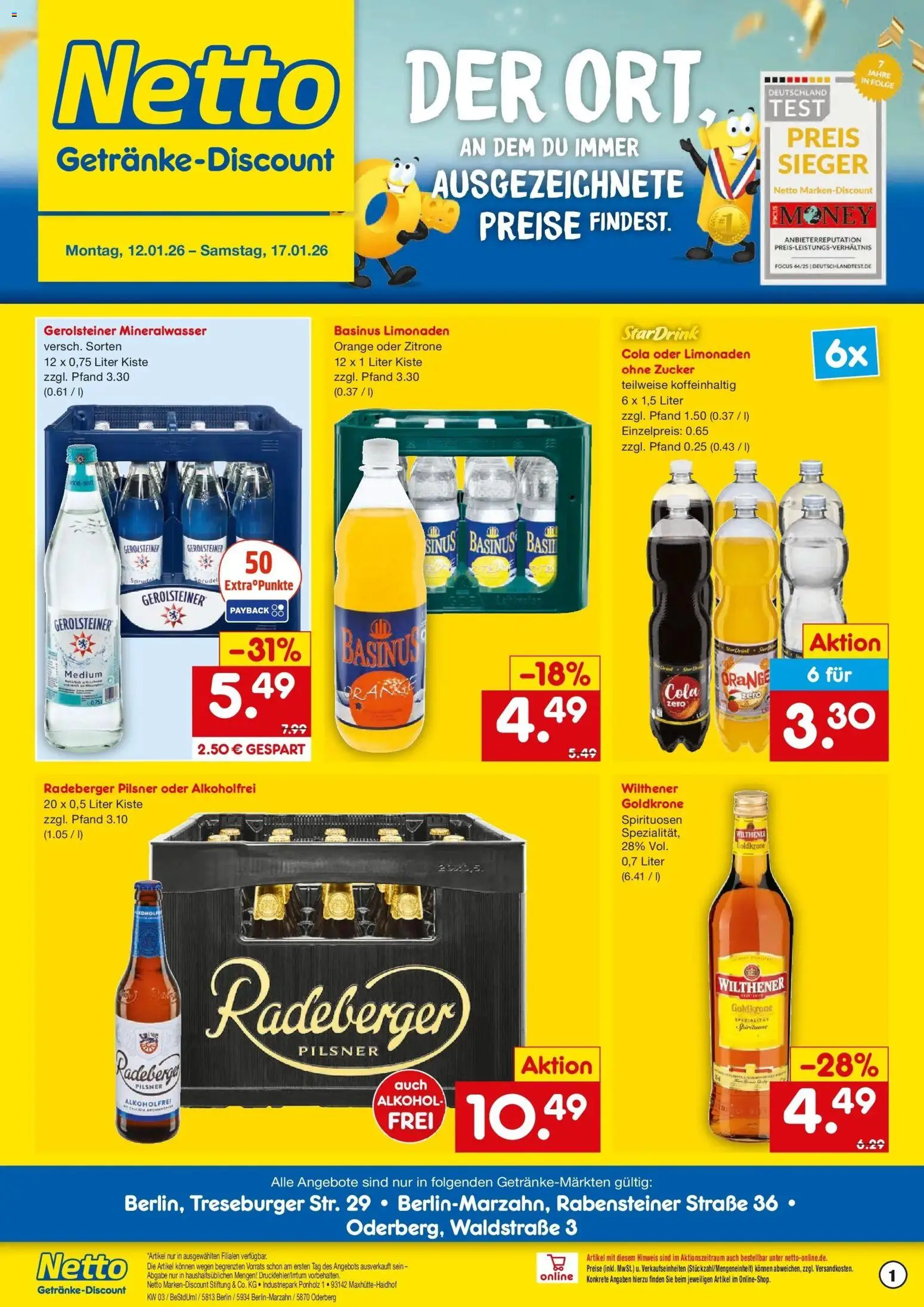Netto Marken-Discount prospekt Berlin	 – gültig ab 12.01.2026 | Seite: 1 | Produkte: Cola, Wilthener, Zitrone, Radeberger pilsner
