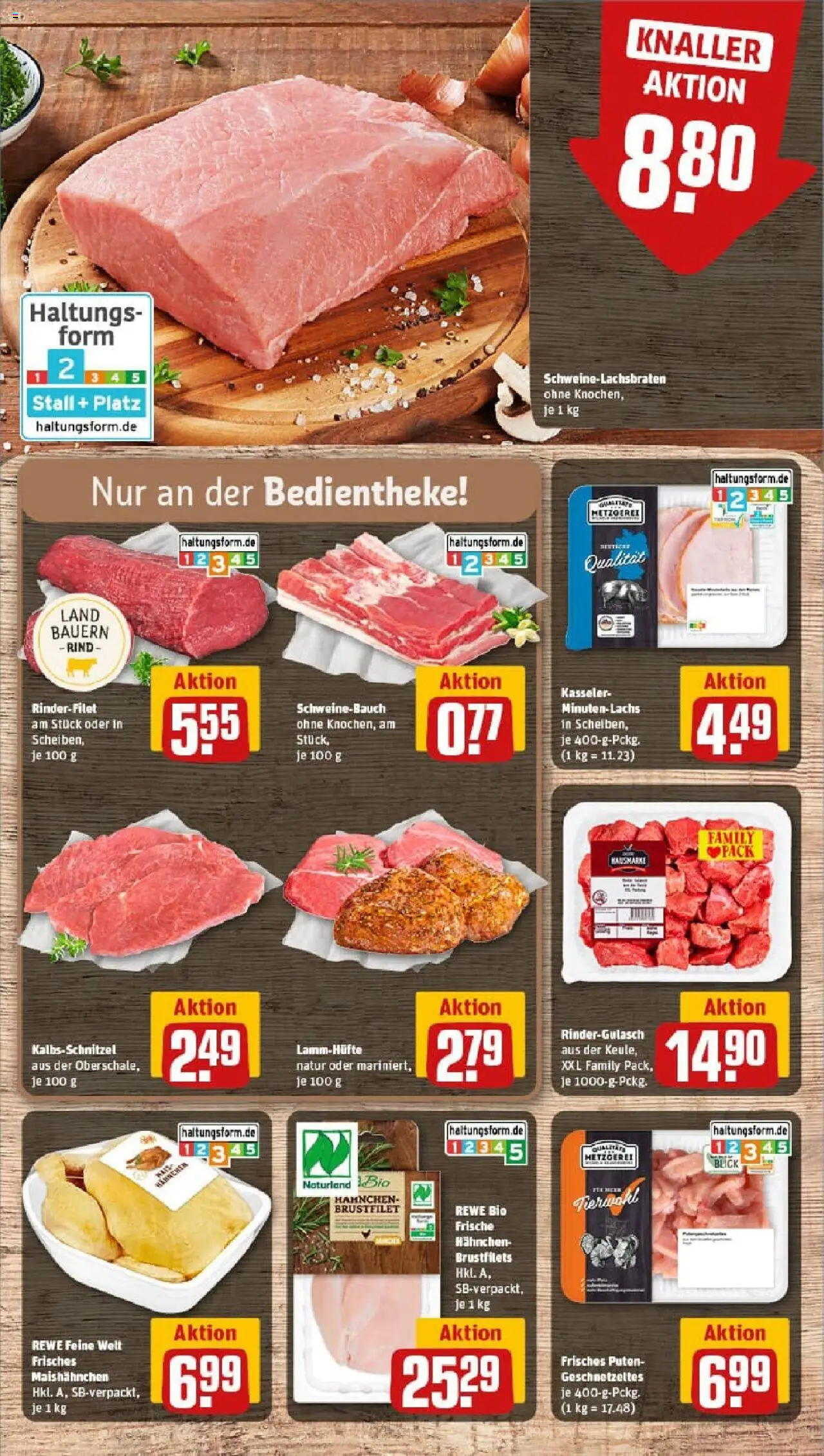 Rewe prospekt Bad Urach	 – gültig ab 13.10.2025 | Seite: 8 | Produkte: Rindergulasch, Hahnchen, Schweinebauch, Lachs