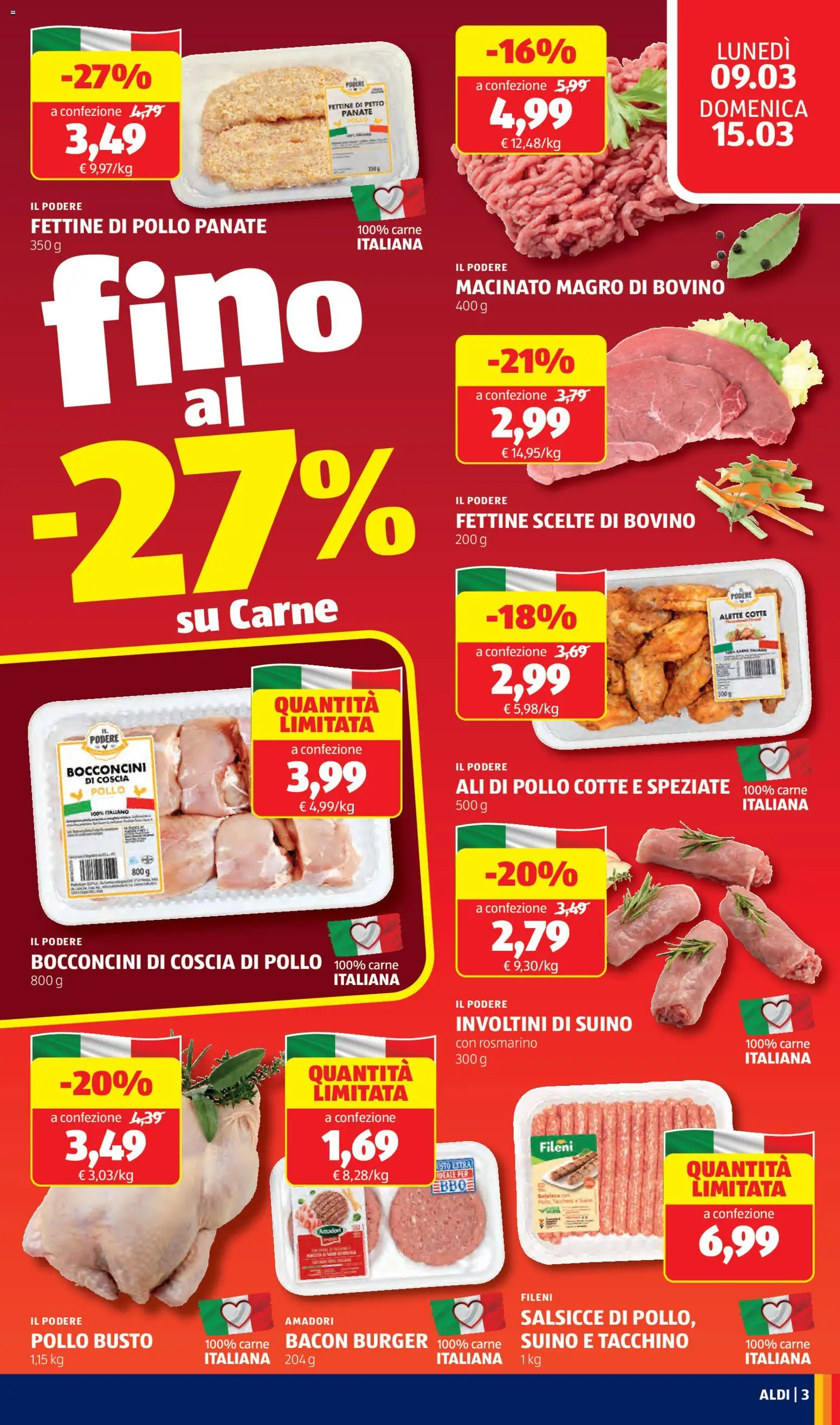 Volantino Aldi del 09.03.2026 | Pagina: 3 | Prodotti: Bovino, Pollo, Suino, Macinato