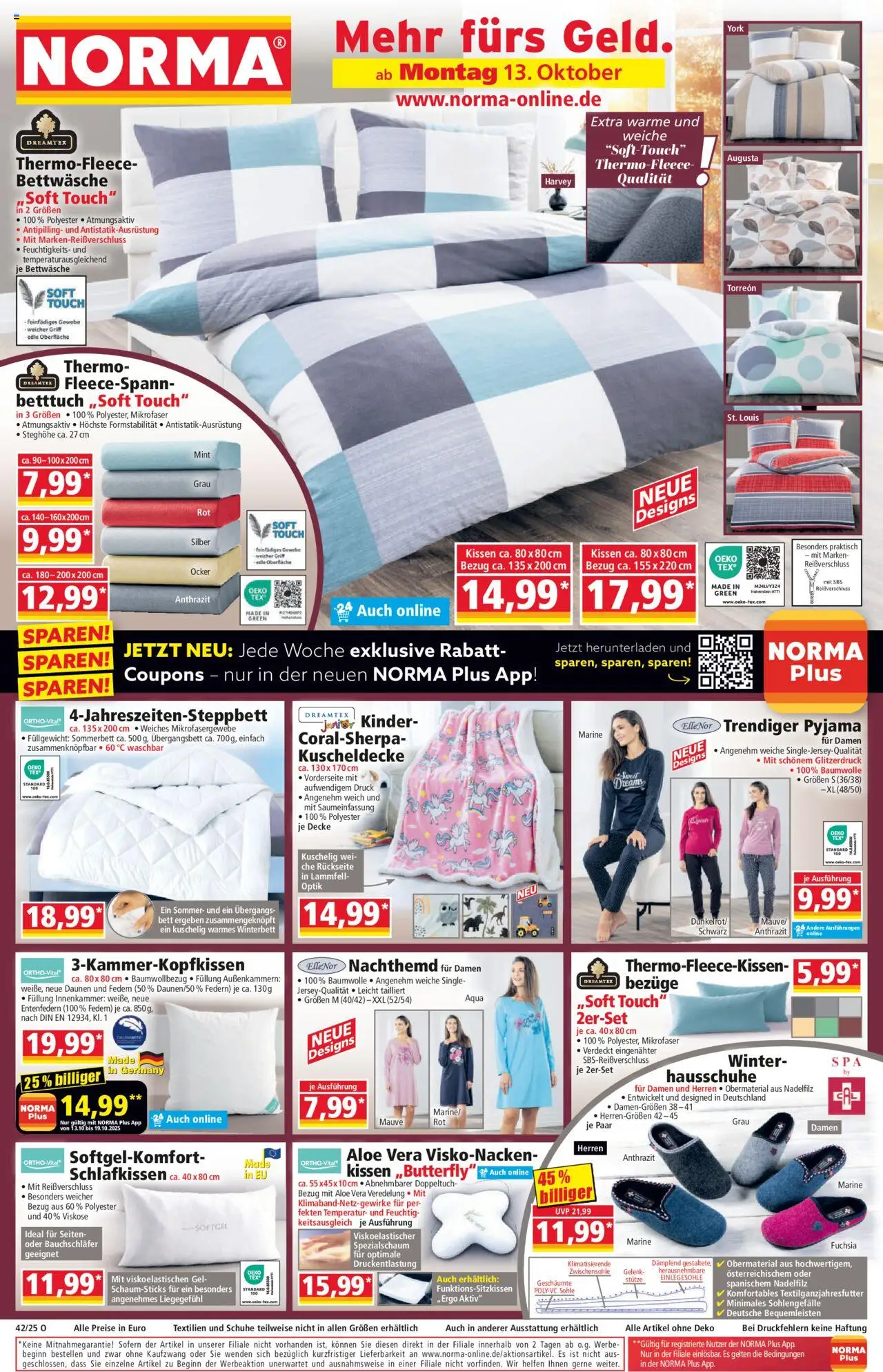 Norma Prospekt 	 – gültig ab 13.10.2025 | Seite: 1 | Produkte: Kissen, Bettwäsche, Pyjama, Hausschuhe