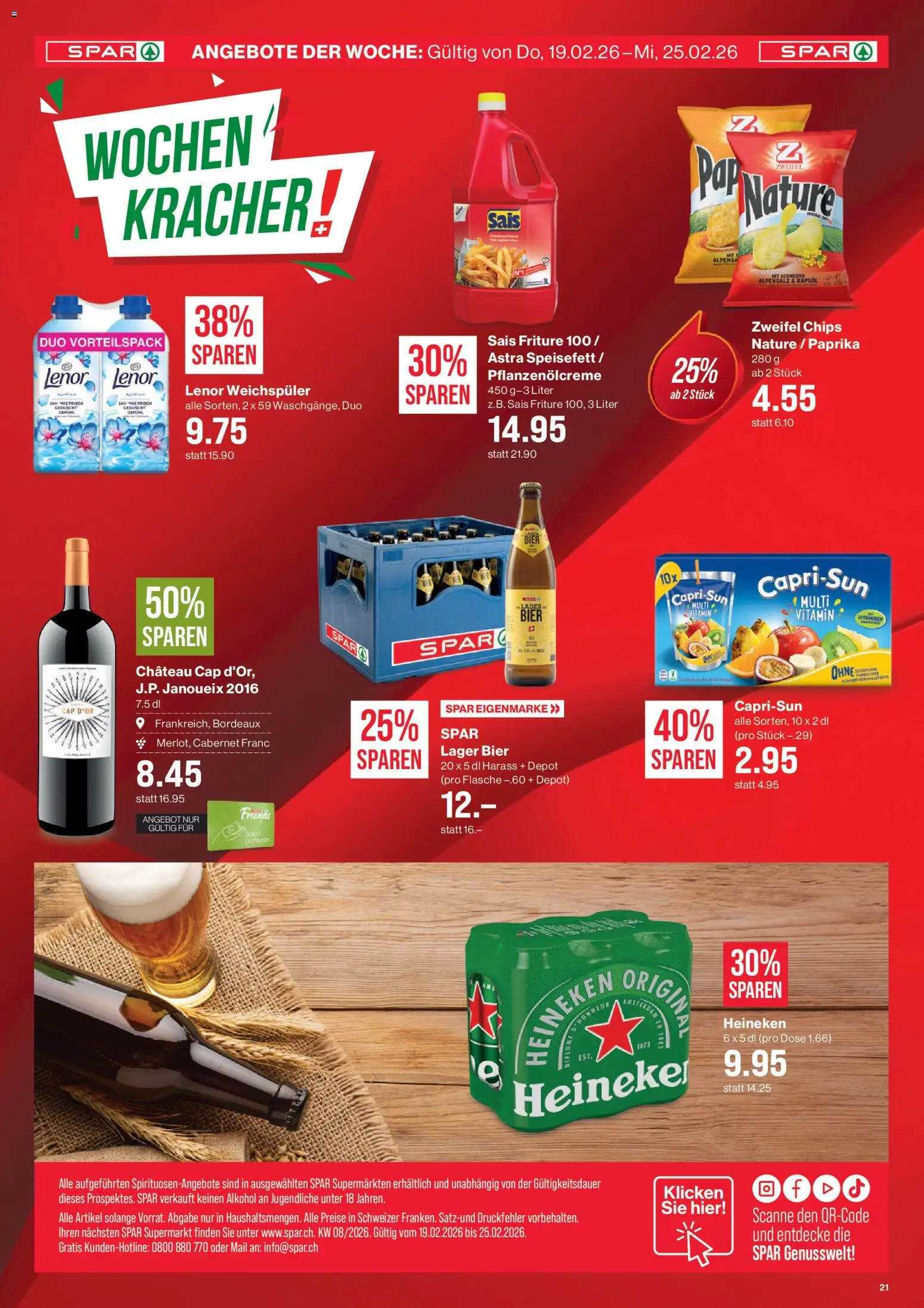 SPAR Aktionen – gültig ab 19.02.2026 | Seite: 21 | Produkte: Rapsöl, Weichspüler, Bier, Chips