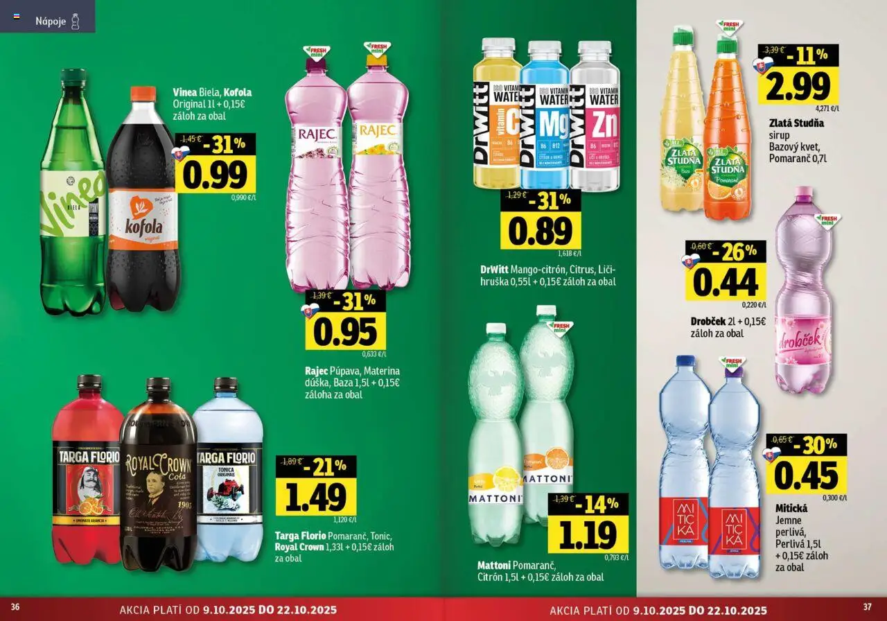 Nové Fresh akcie – leták je platný od 09.10.2025 | Strana: 19 | Produkty: Kofola, Mattoni, Mitická, Cola