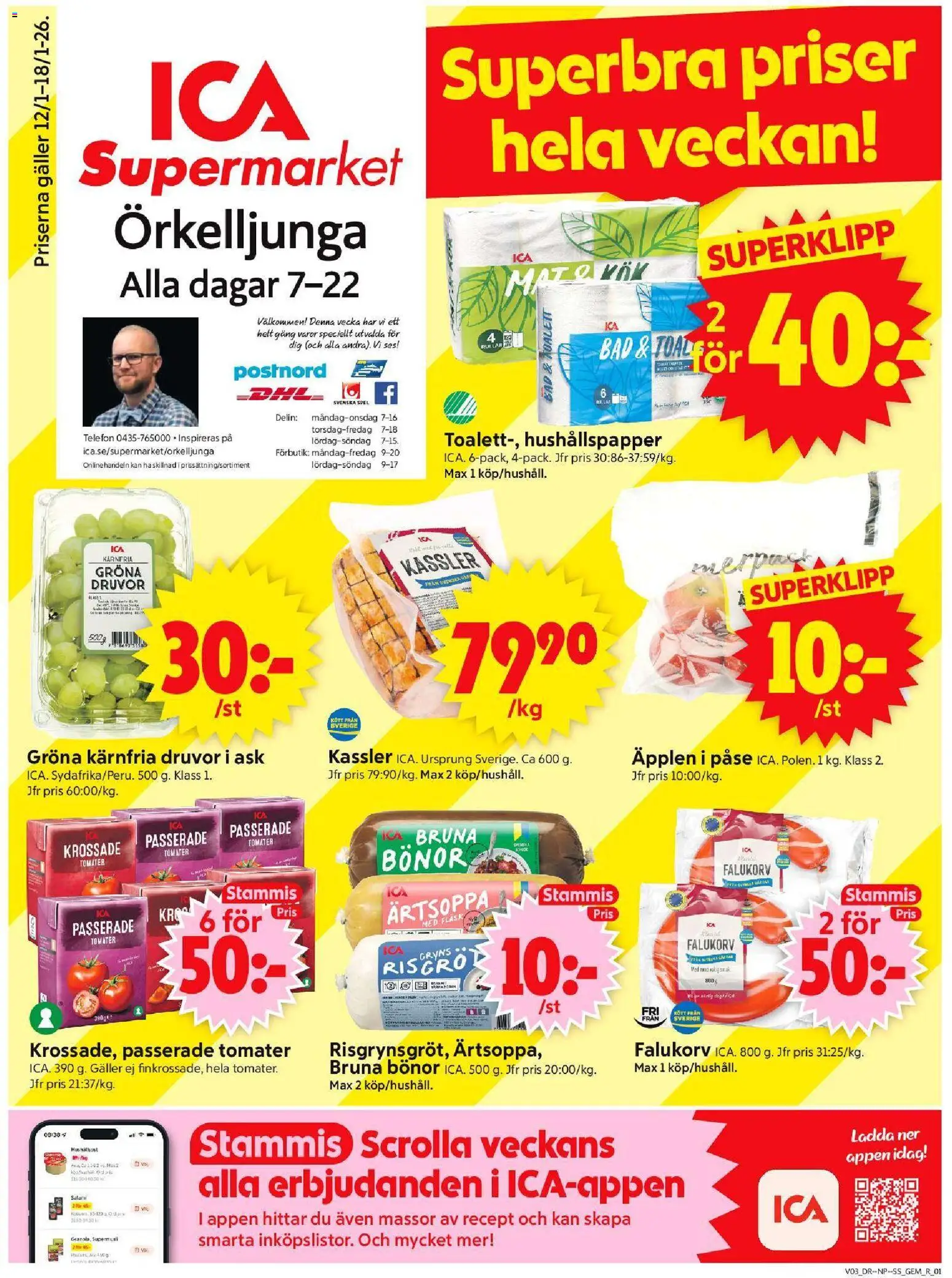 ICA Supermarket reklamblad aktuell från 12.01.2026 | Sida: 1 | Produkter: Gem, Kassler, Hushållspapper, Äpplen