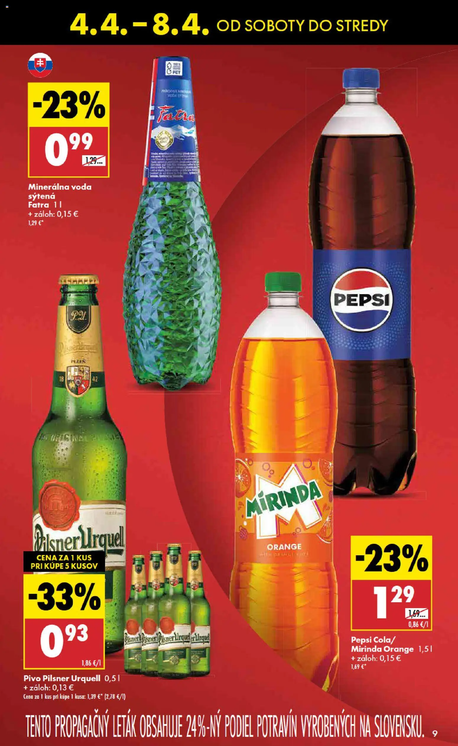 Nové Biedronka akcie – leták je platný od 04.04.2026 | Strana: 9 | Produkty: Pilsner Urquell, Voda, Pepsi, Minerálna voda