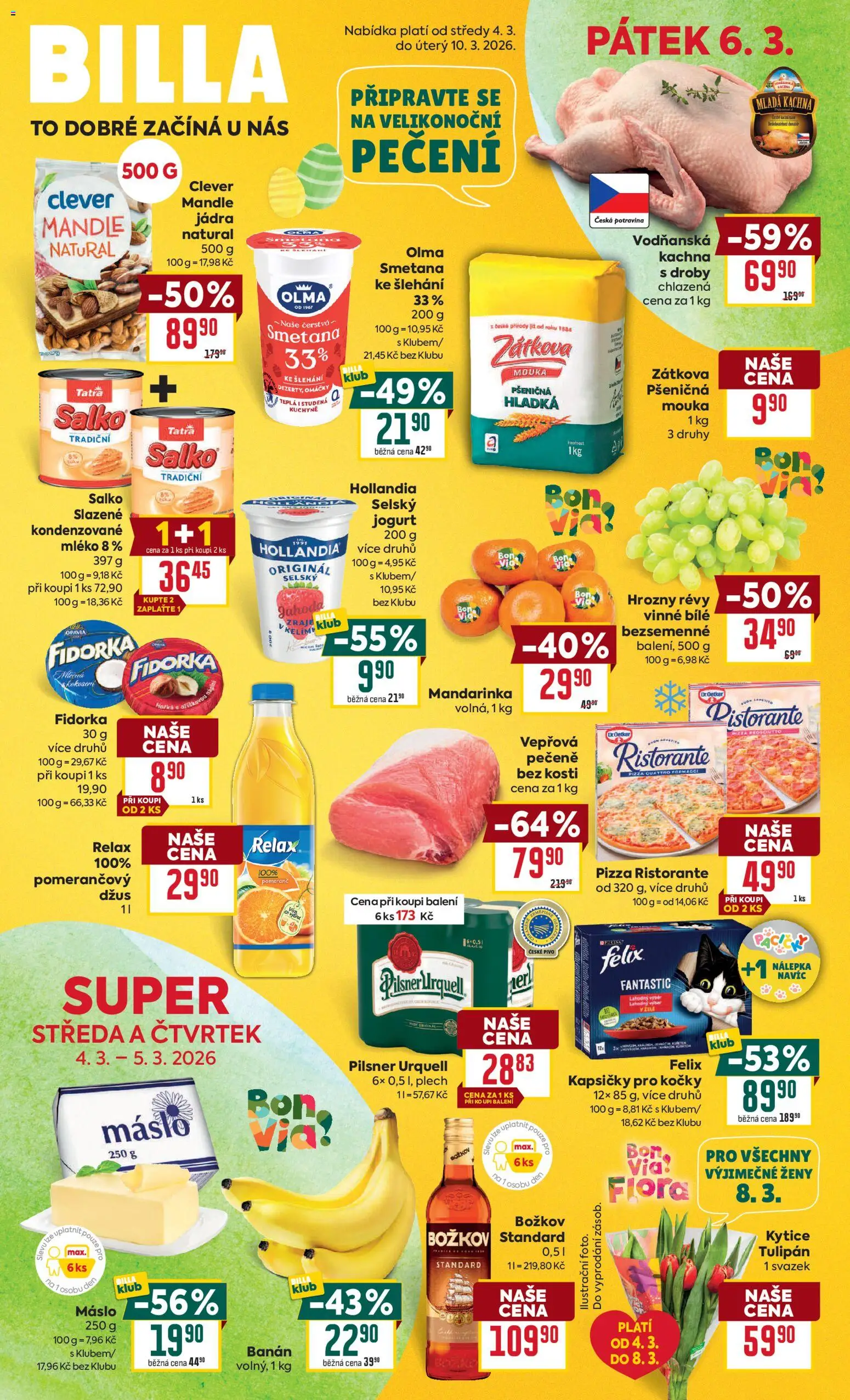 Billa Velký leták od 04.03.2026 | Strana: 1 | Produkty: Pivo, Pizza Ristorante, Pilsner Urquell, Fidorka