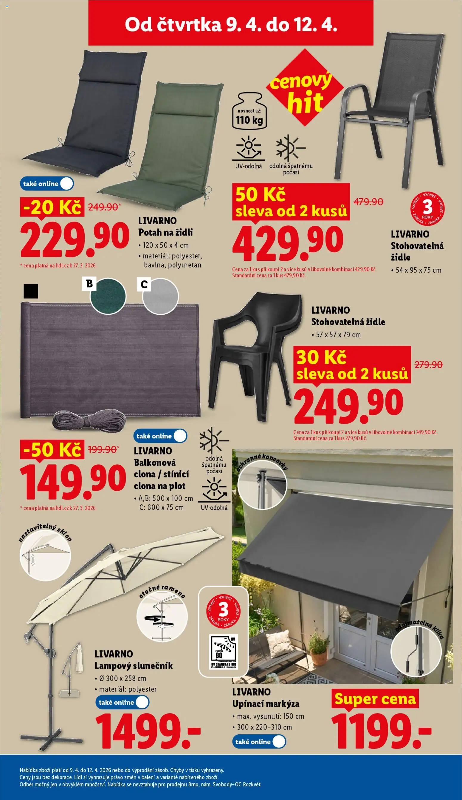 Lidl leták od 09.04.2026 | Strana: 29 | Produkty: Židle, Potah na židli, Slunečník, Markýza