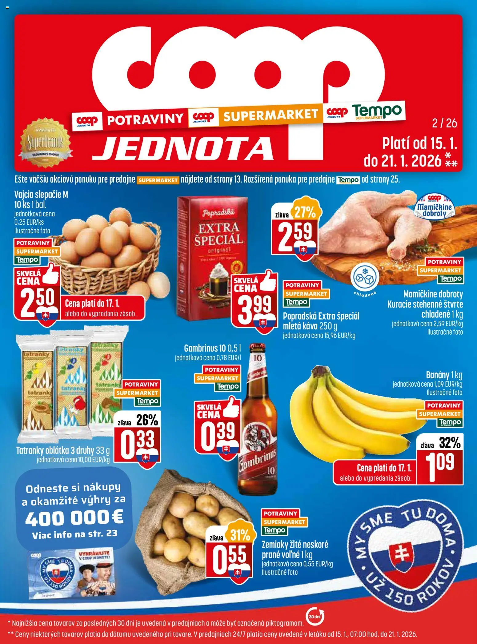 Nové COOP Jednota akcie – leták je platný od 15.01.2026 | Strana: 1 | Produkty: Vajcia, Banány, Zemiaky, Gambrinus