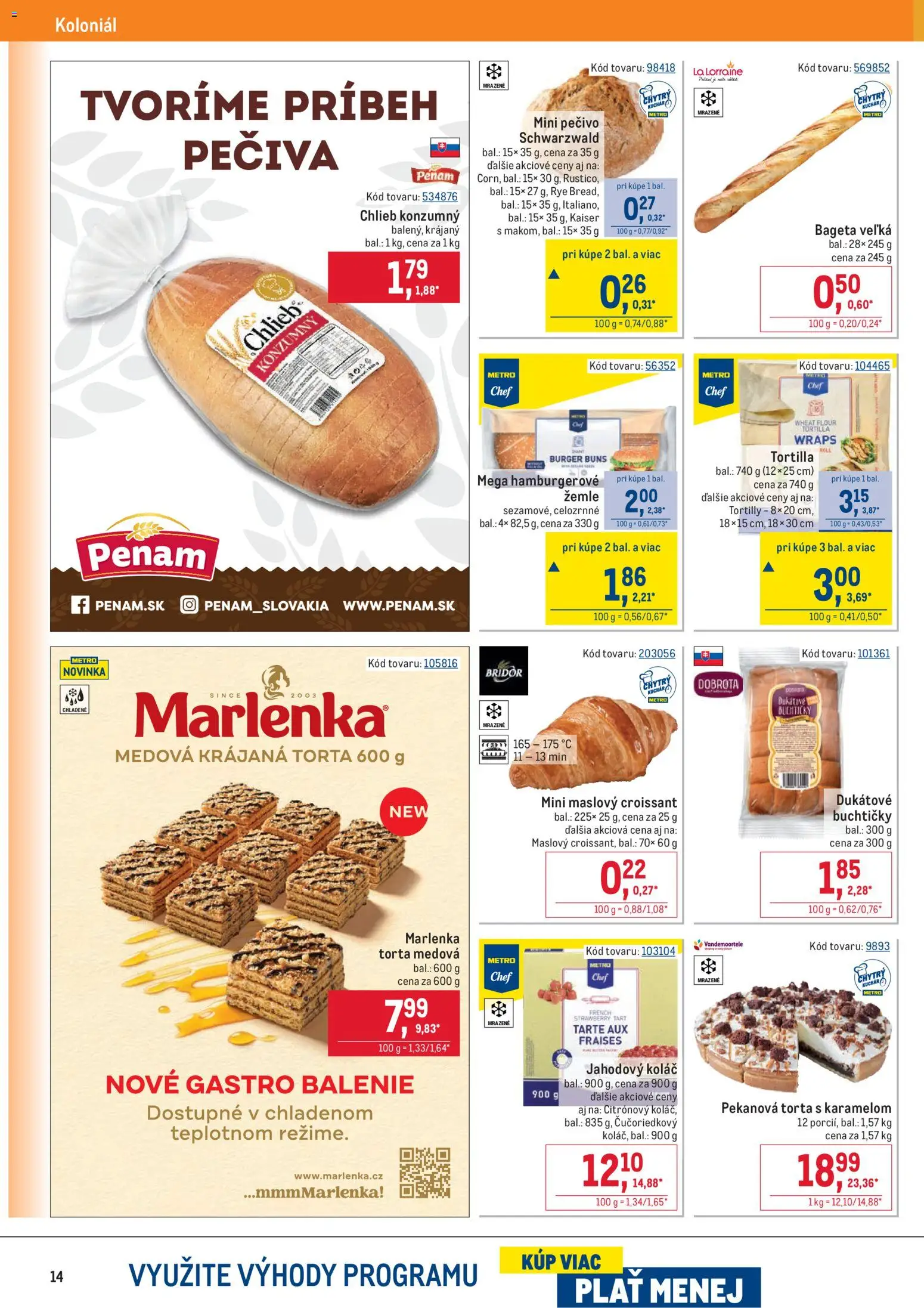 Nové Metro akcie – leták je platný od 28.01.2026 | Strana: 14 | Produkty: Chlieb, Croissant, Torta, Marlenka