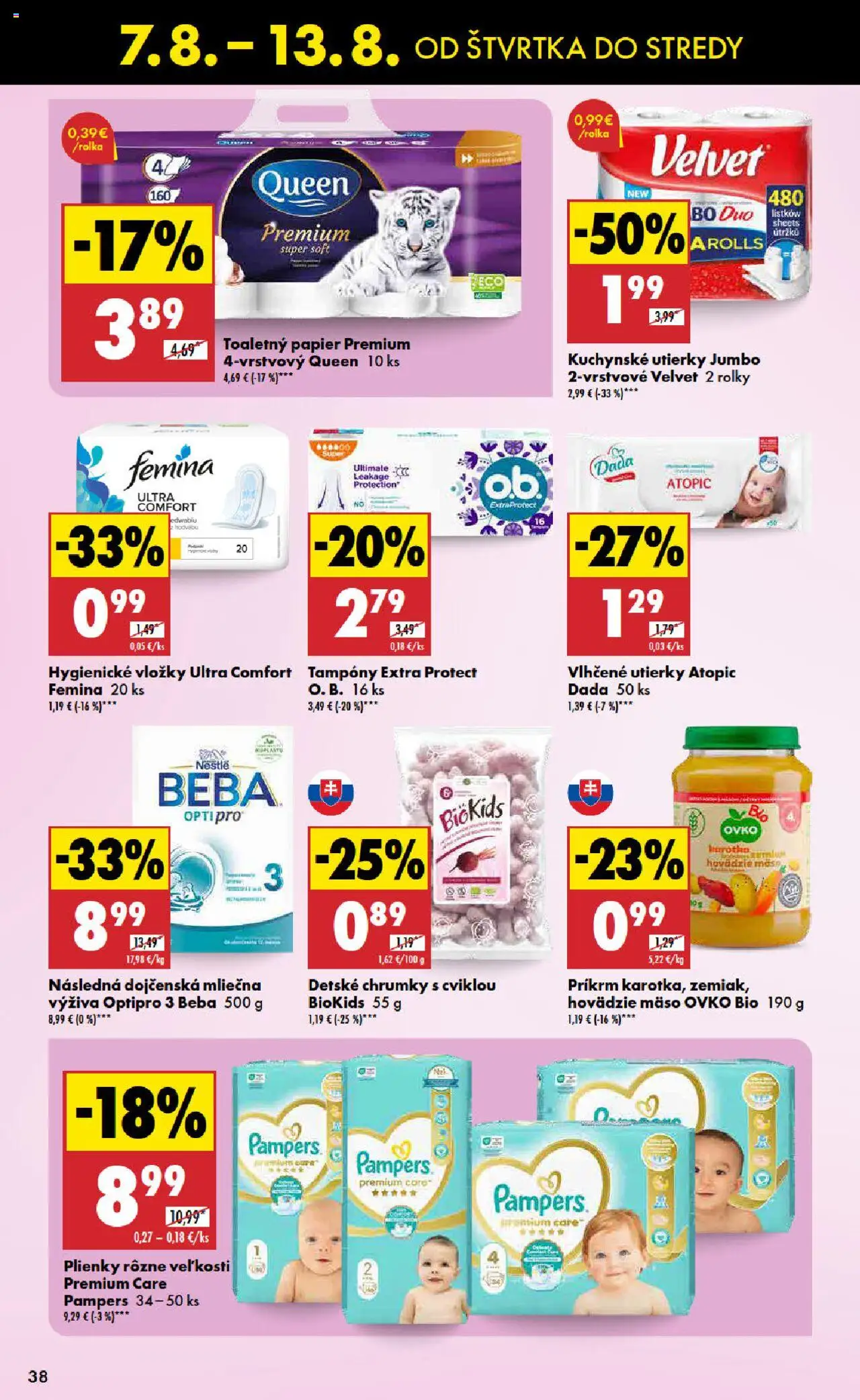 Biedronka leták │ platný od 07.08.2025 | Strana: 38 | Produkty: Hovädzie mäso, Toaletný papier, Plienky, Pampers