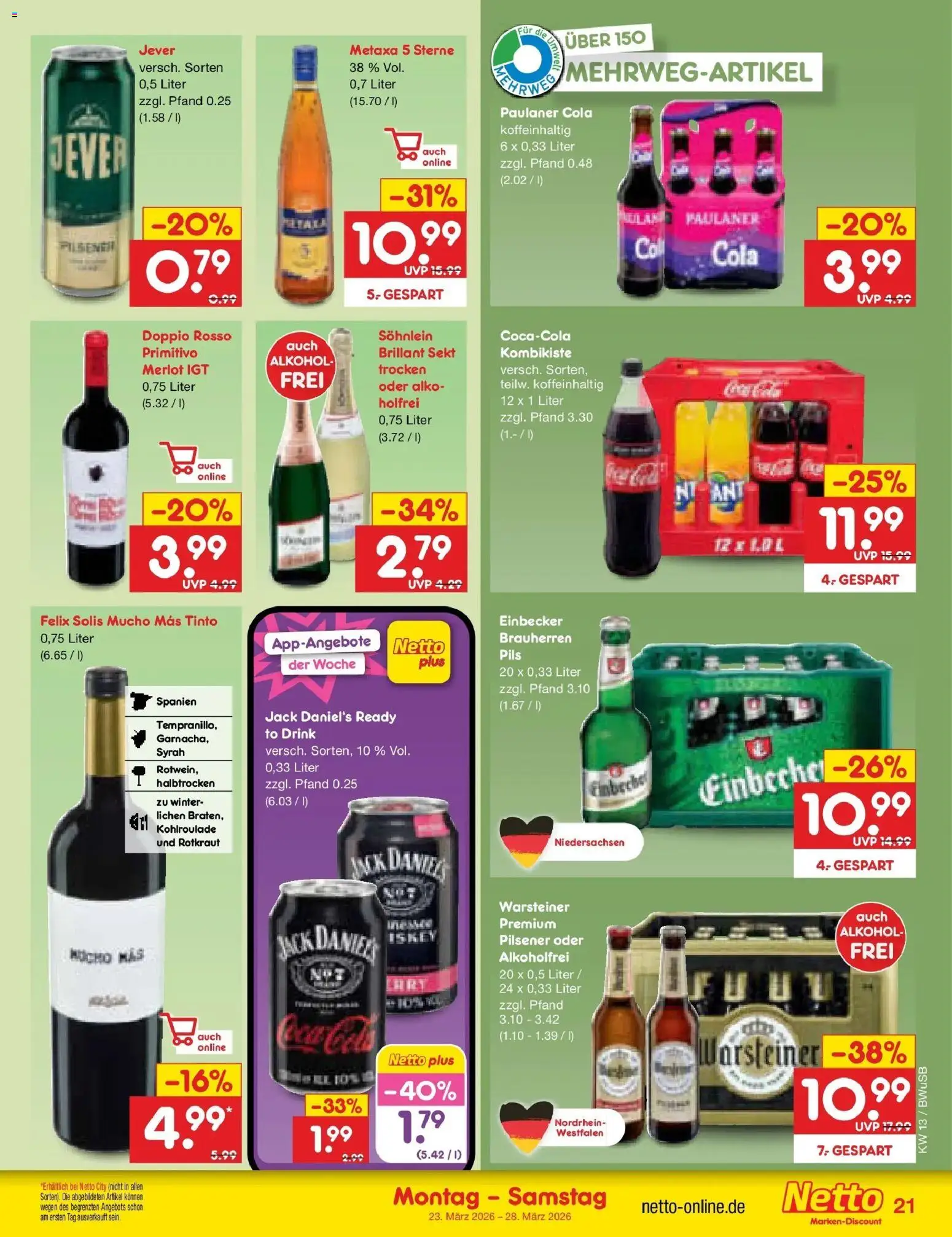 Netto Marken-Discount Prospekt Stemwede-Dielingen	 – gültig ab 23.03.2026 | Seite: 23 | Produkte: Cola, Pils, Jack Daniel's, Paulaner