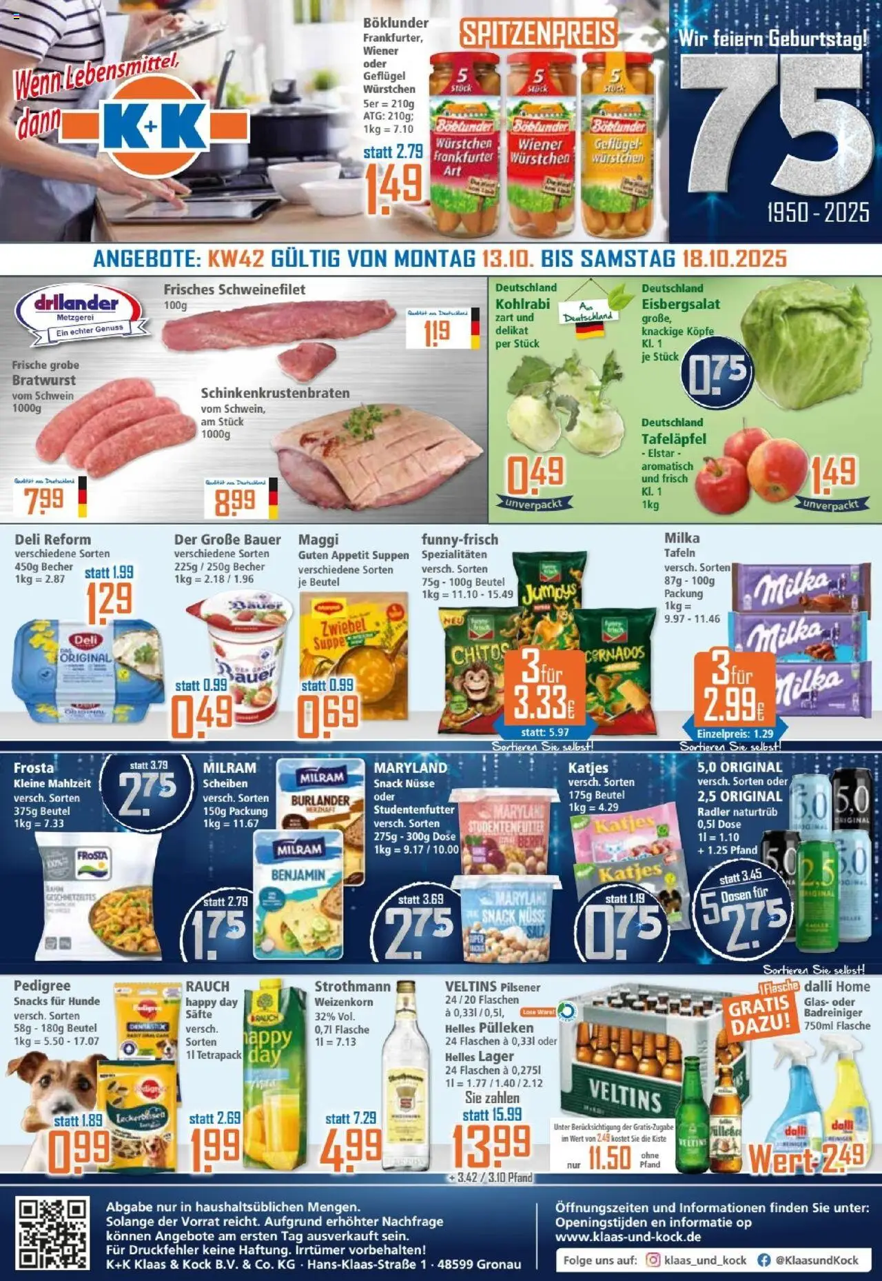 Klaas & Kock Prospekt – gültig ab 13.10.2025 | Seite: 1 | Produkte: Bratwurst, Eisbergsalat, Schweinefilet, Milram