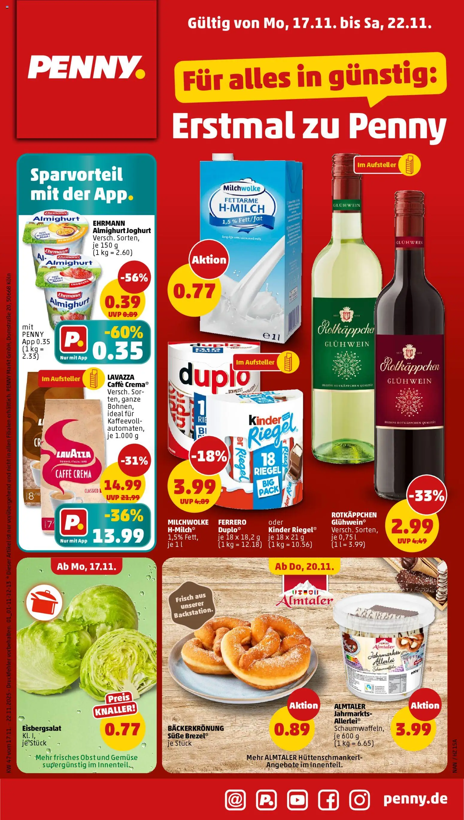Penny Prospekt 	 – gültig ab 17.11.2025 | Seite: 1 | Produkte: Lavazza, Eisbergsalat, Kinder riegel, Pfirsich