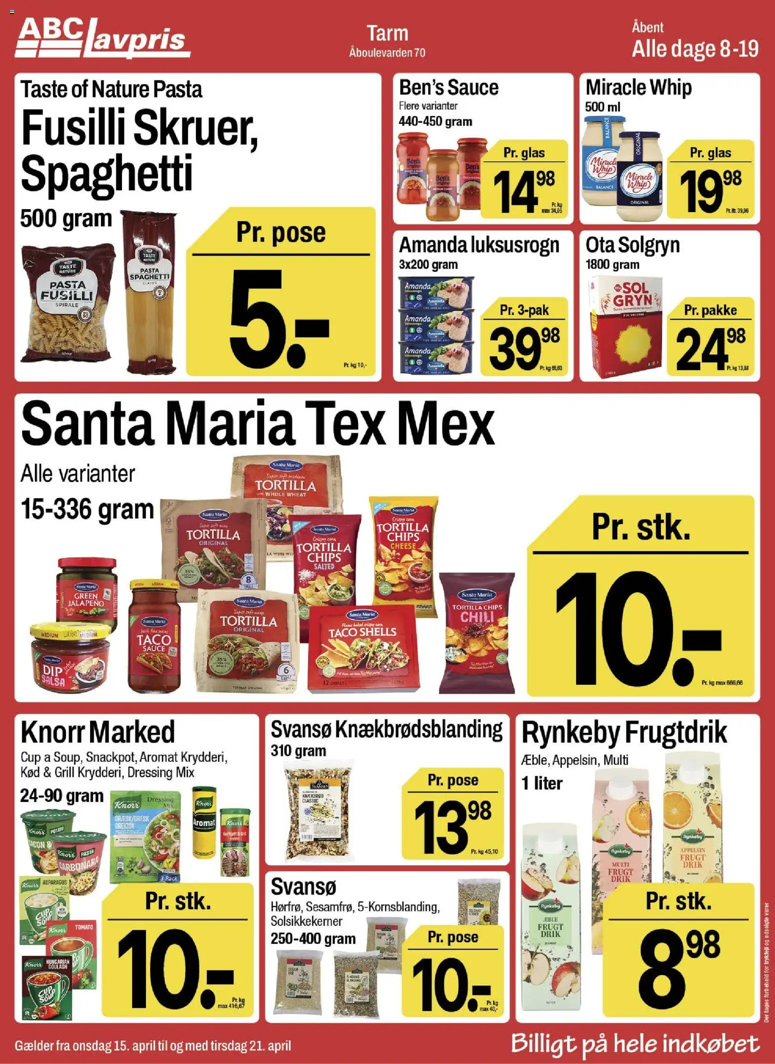 Abc Lavpris tilbudsavis – gyldig fra 15.04.2026 | Side: 8 | Produkter: Solsikkekerner, Pasta, Chips, Taco