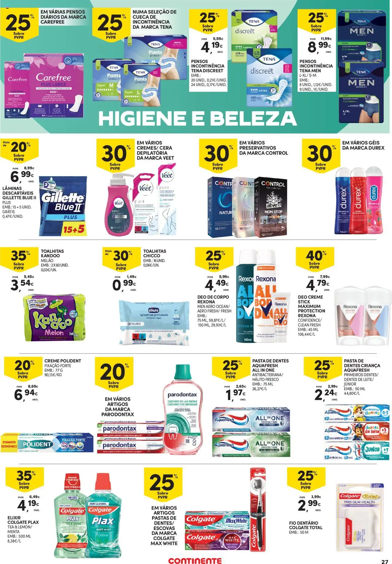 Continente - Açores │ válido de 16.10.2025 | Página: 27 | Produtos: Preservativos, Pasta de dentes, Cera, Creme