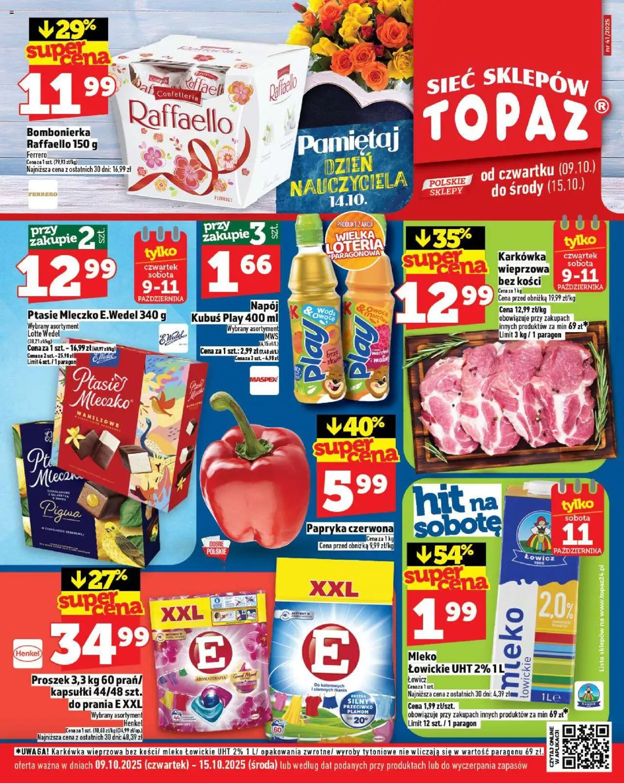 Topaz Gazetka MAZ od 09.10.2025 | Strona: 1 | Produkty: Karkówka wieprzowa, Bombonierka, Papryka, Ptasie mleczko