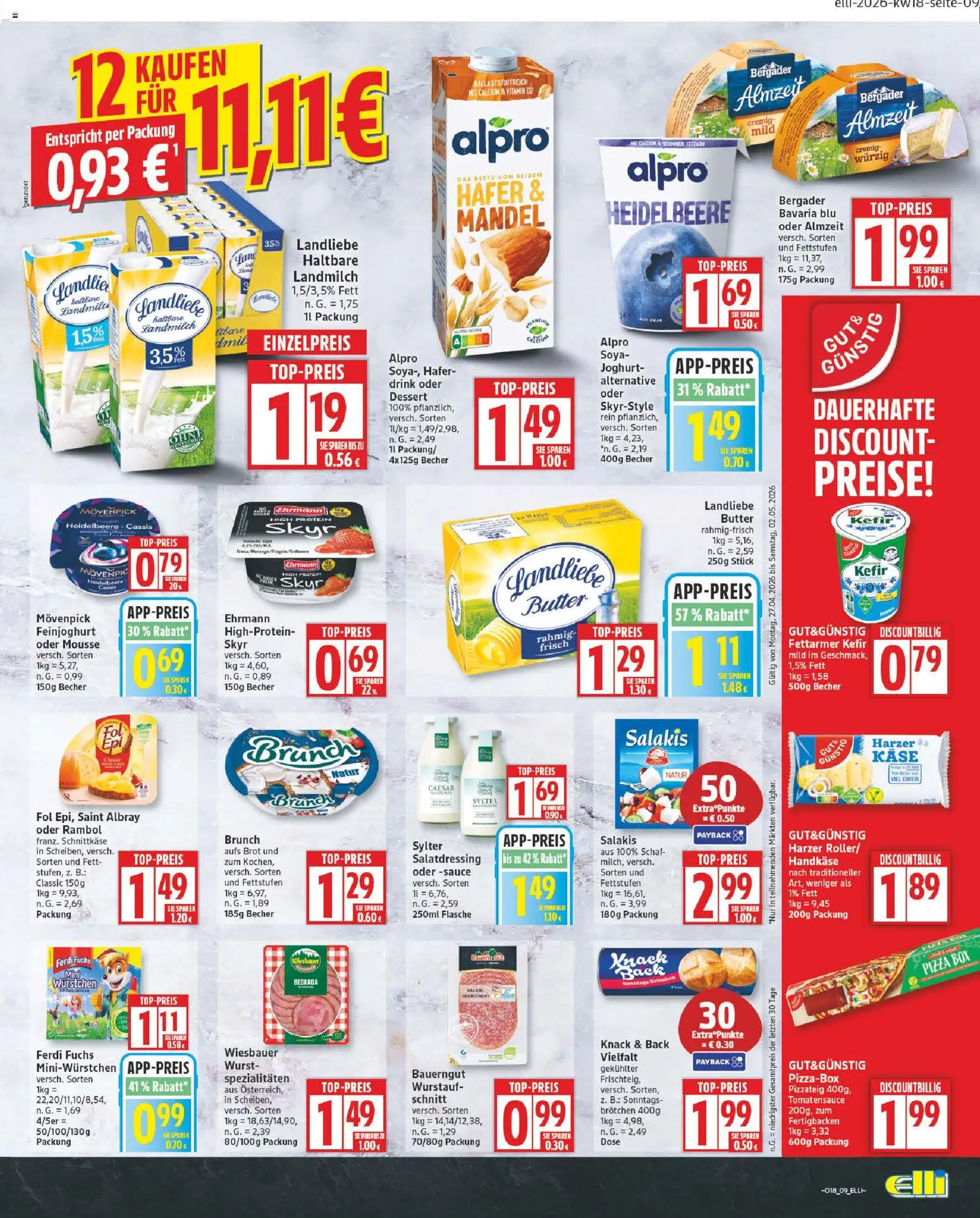 Elli Markt Prospekt – gültig ab 27.04.2026 | Seite: 9 | Produkte: Butter, Joghurt, Salakis, Pizza