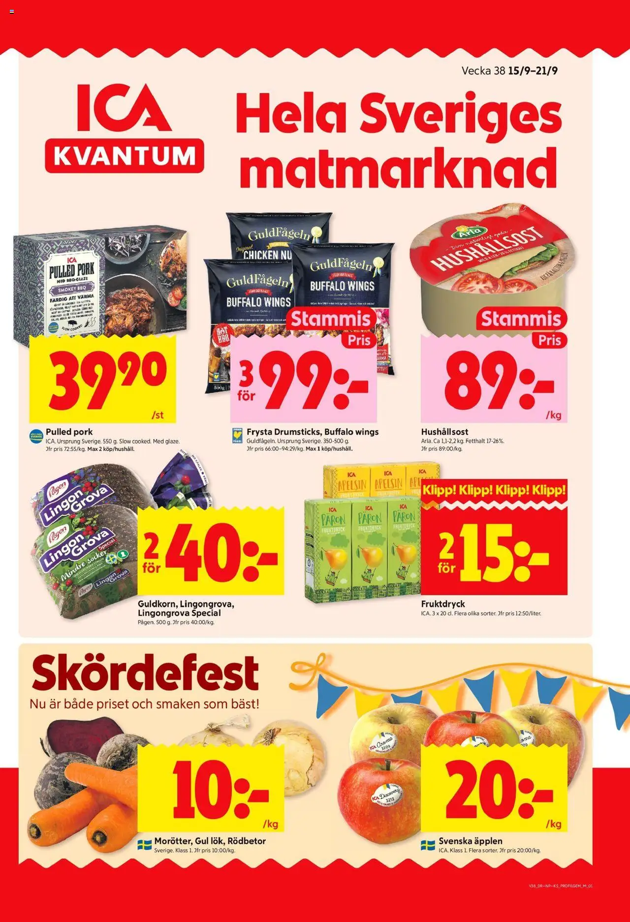 ICA Kvantum reklamblad aktuell från 15.09.2025 | Sida: 1 | Produkter: Lingongrova, Hushållsost, Äpplen, Apelsin