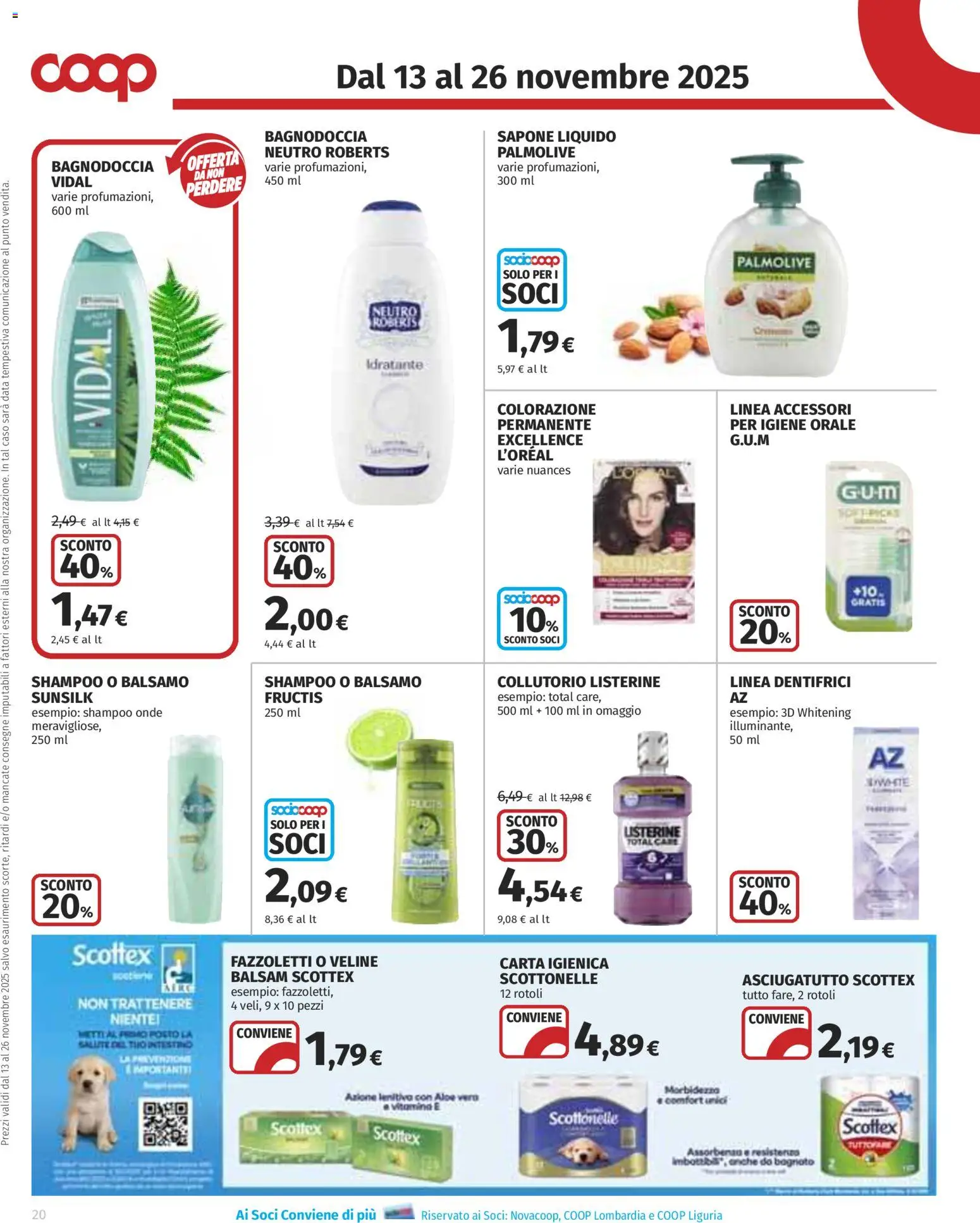Volantino COOP del 13.11.2025 | Pagina: 20 | Prodotti: Shampoo, Balsamo, Carta igienica, Sapone