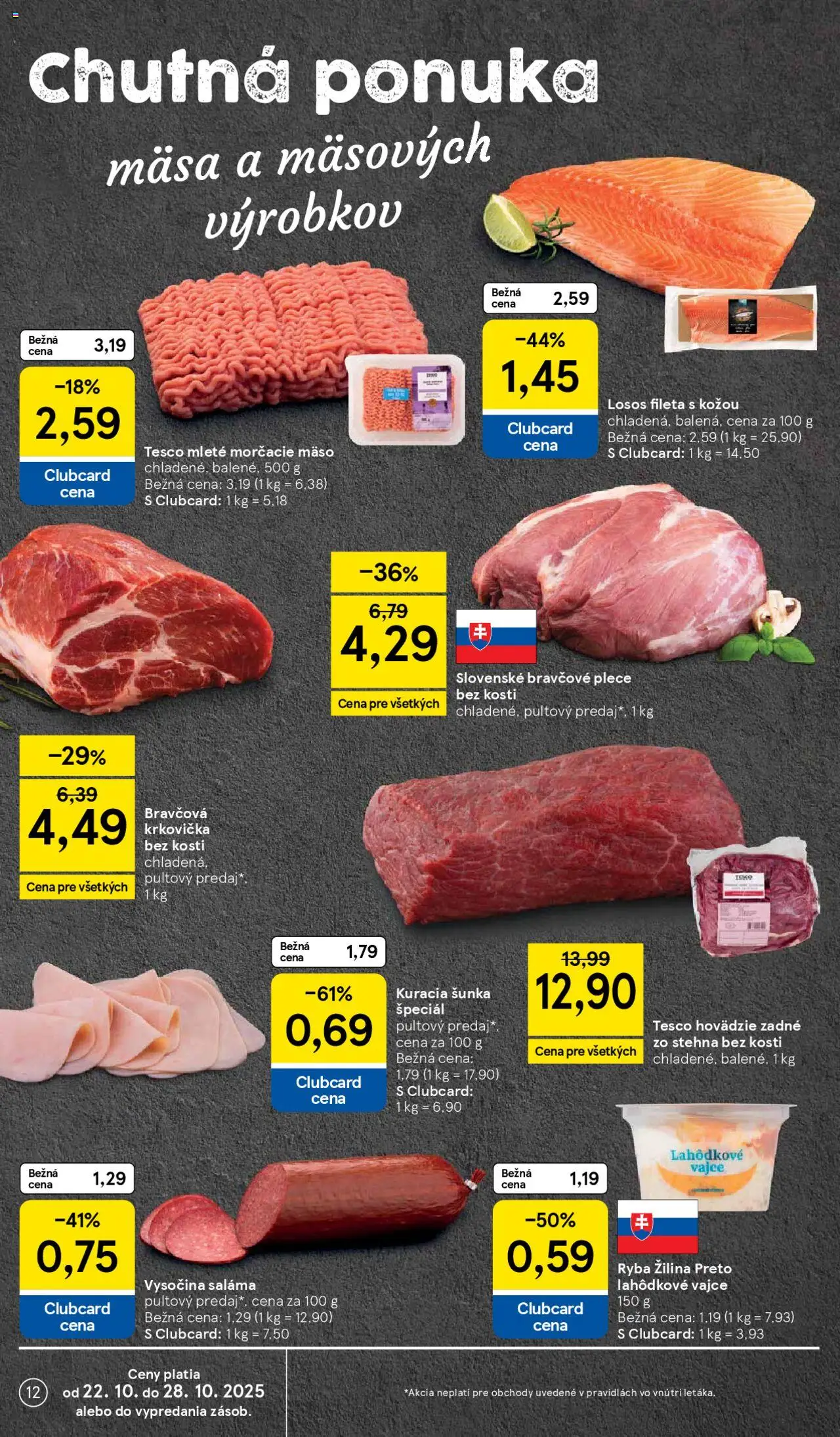 Nové Tesco akcie – leták je platný od 22.10.2025 | Strana: 12 | Produkty: Bravčová krkovička, Ryba, Losos, Krkovička