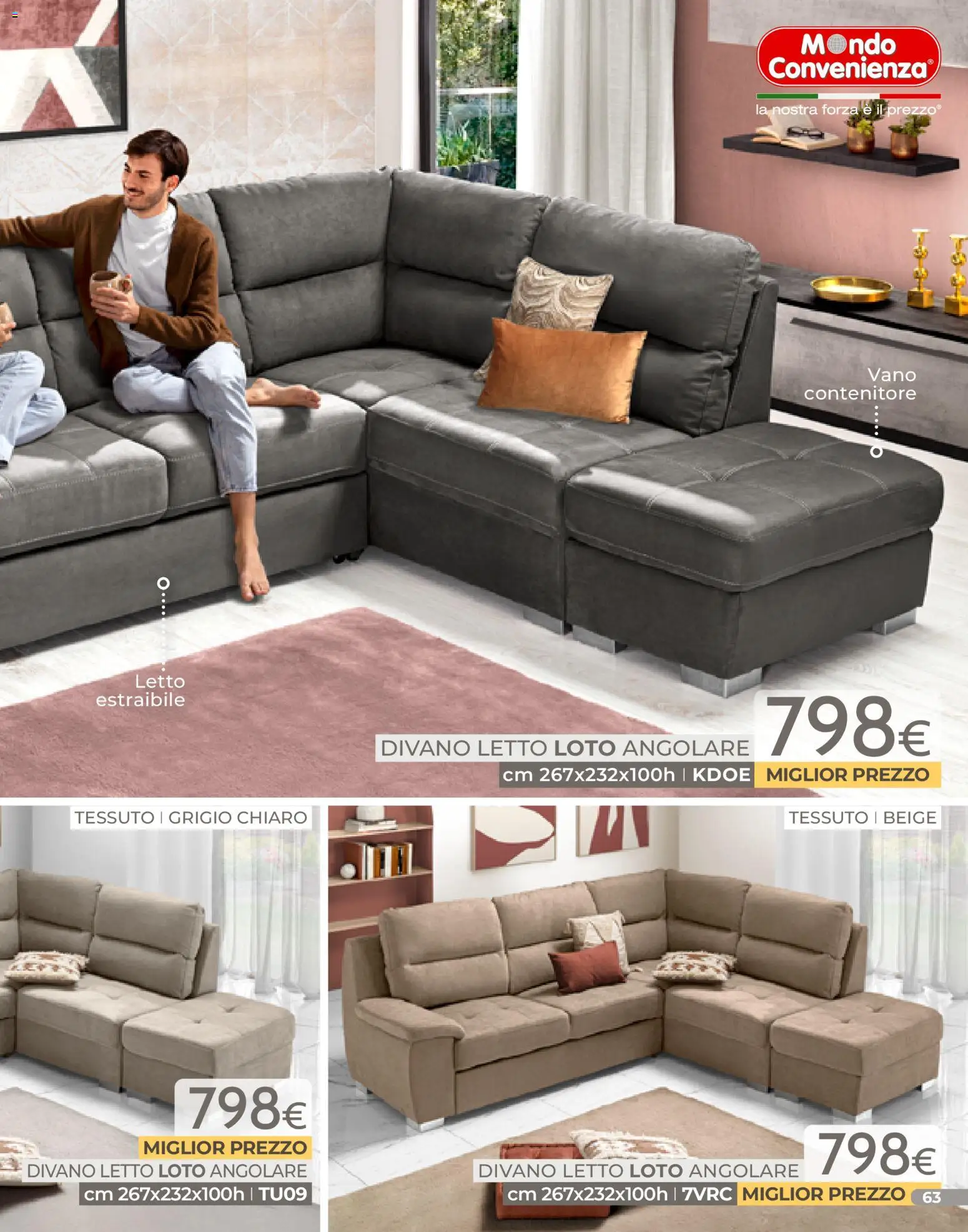 Volantino Mondo Convenienza del 04.01.2026 | Pagina: 63 | Prodotti: Divano letto, Contenitore, Letto, Divano
