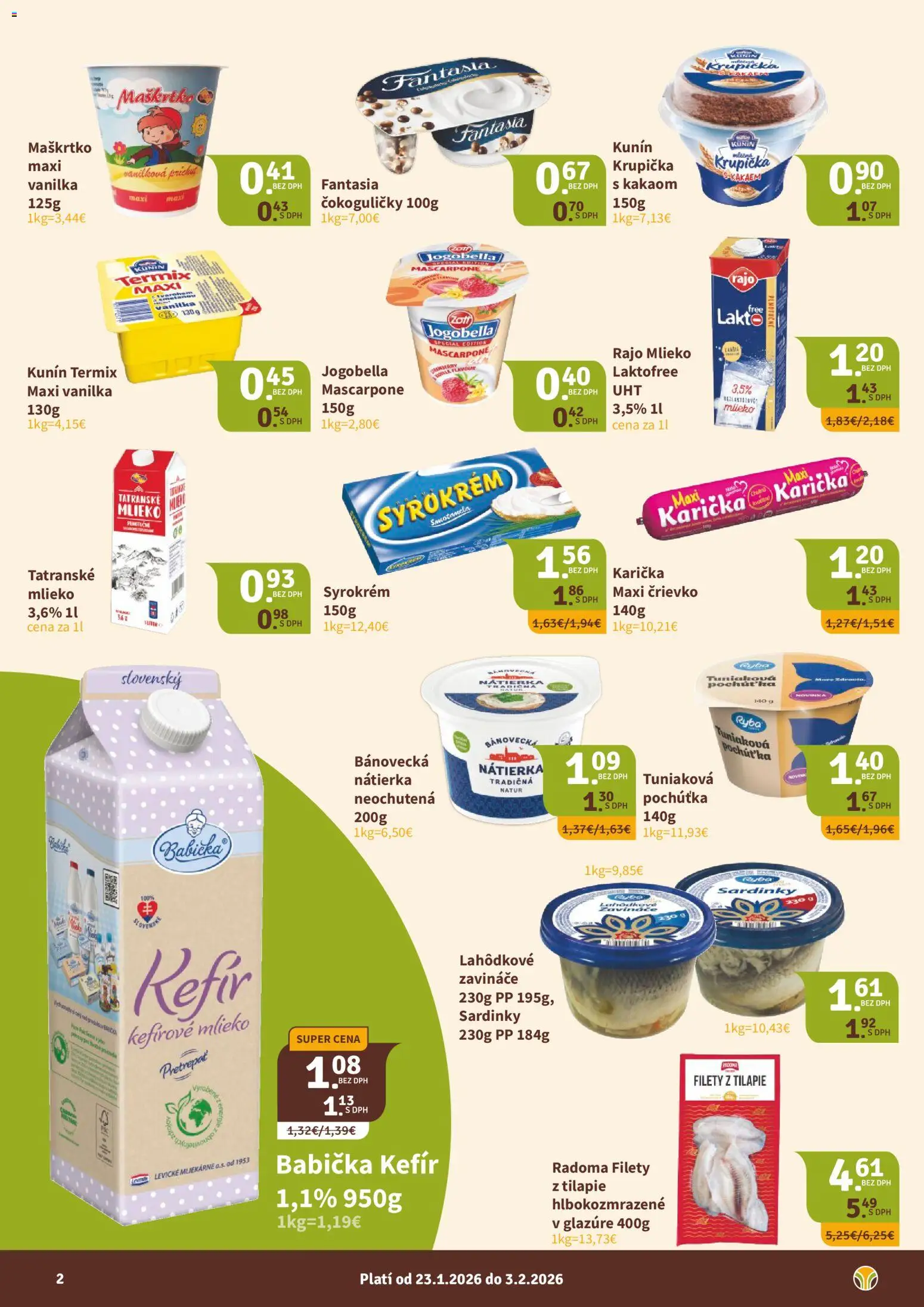 Nové Nitrazdroj akcie – leták je platný od 23.01.2026 | Strana: 2 | Produkty: Mlieko, Sardinky, Ryba, Mascarpone