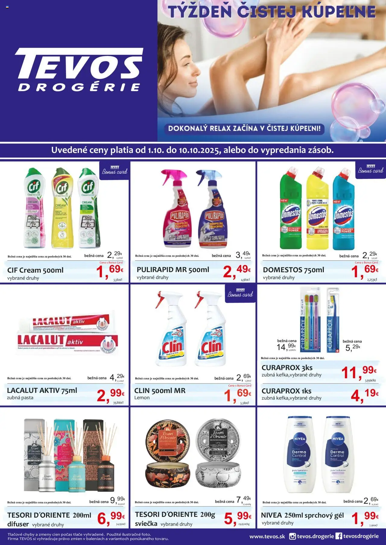 Nové TEVOS drogérie akcie – leták je platný od 01.10.2025 | Strana: 1 | Produkty: Sprchový gél, Kuchyne, Cif, Domestos