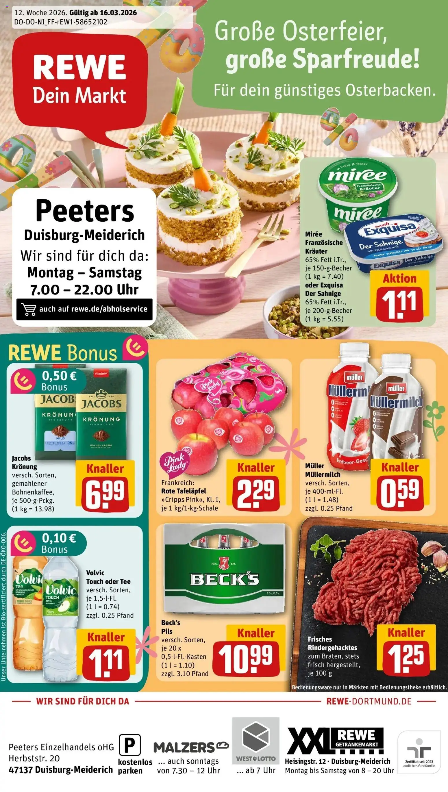 Rewe Prospekt Duisburg	 – gültig ab 15.03.2026 | Seite: 1 | Produkte: Äpfel, Pfirsich, Müllermilch, Uhr
